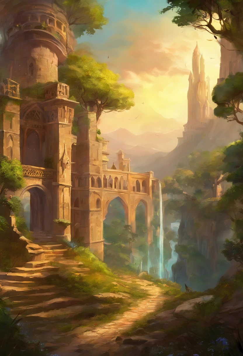 reino encantado, reino medieval, grande fortaleza ao centro, Colossal tree near the entrance to the kingdom, noite, lua, scenic view, Buildings with Arabic architecture, Inspired by Arabic architecture, utopian world, alguns guerreiros na entrada do reino.