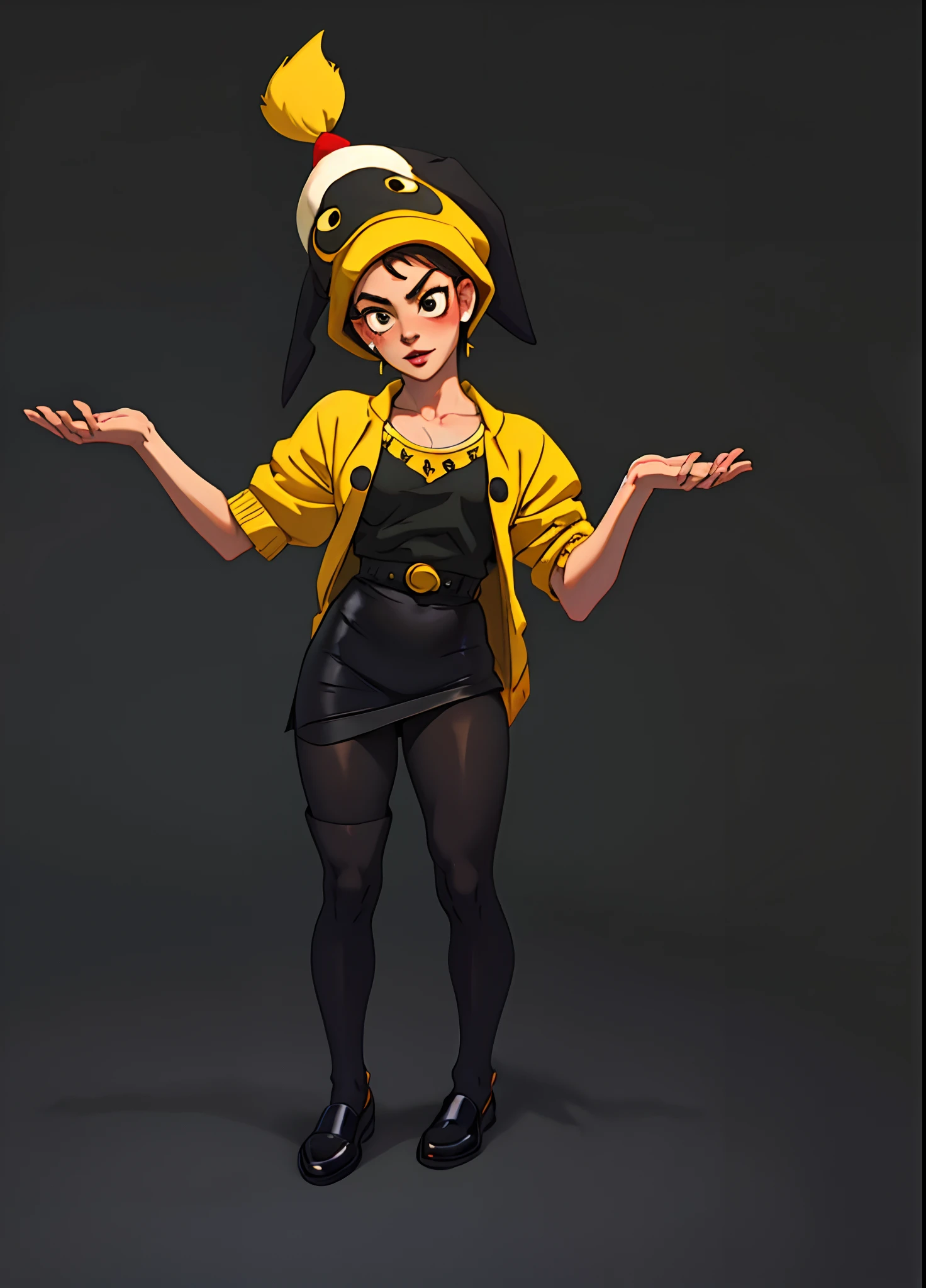 Araffe vestida com uma camisa listrada e leggings pretas, corpo inteiro com traje, Waldo of Where Is Waldo, preto e amarelo, amarelo e preto, Listras, full body sarcastic pose, listrado, Waldo, assunto completo mostrado na foto, yellow and black trim, Close-up de corpo inteiro, striped pantyhose, pose assustadora, foto de corpo inteiro, listras pretas
