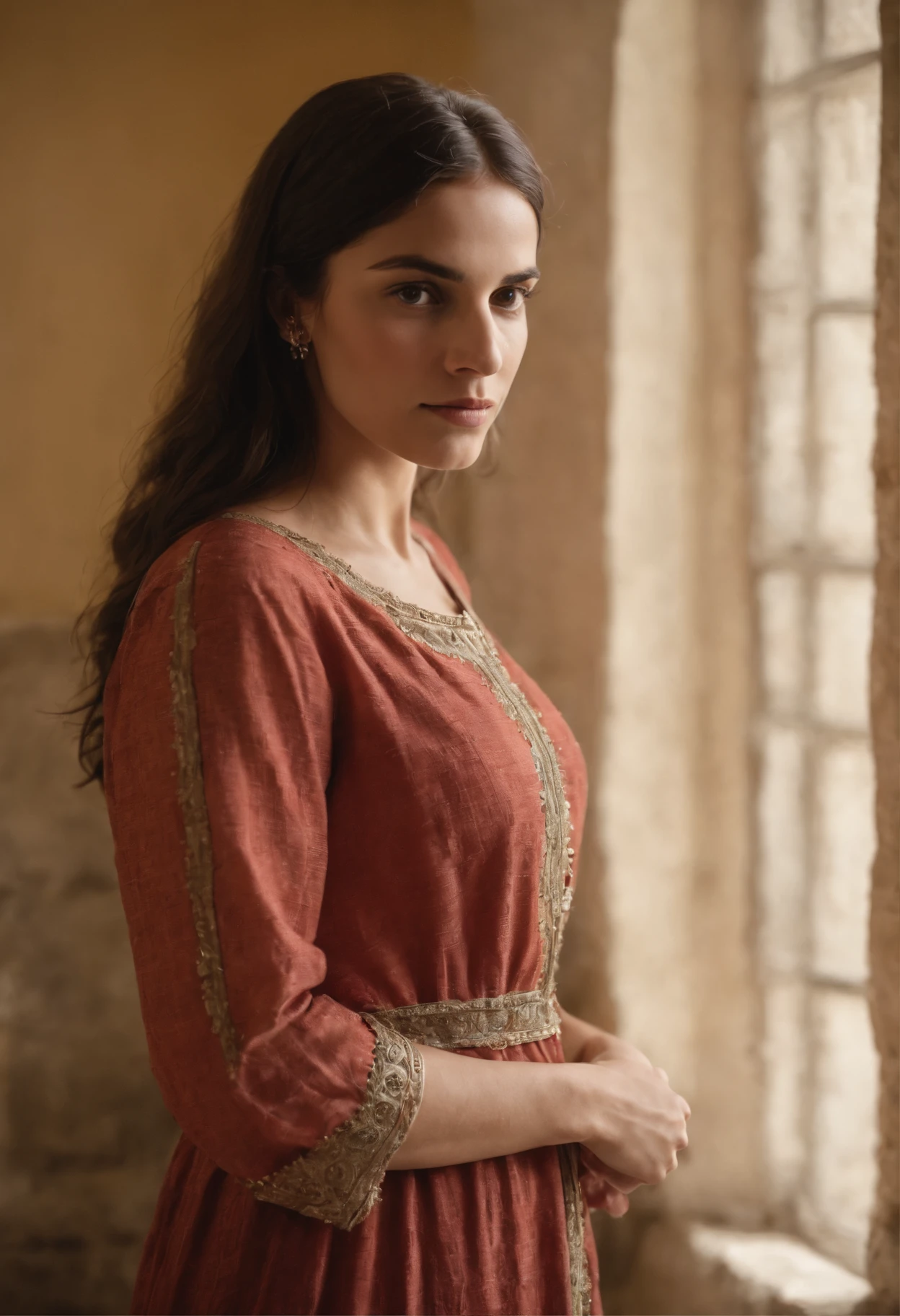 jovem judeu olhando para a cidade de jerusalem, Standing in front of bedroom window, vestido como discipulos da epoca de jesus