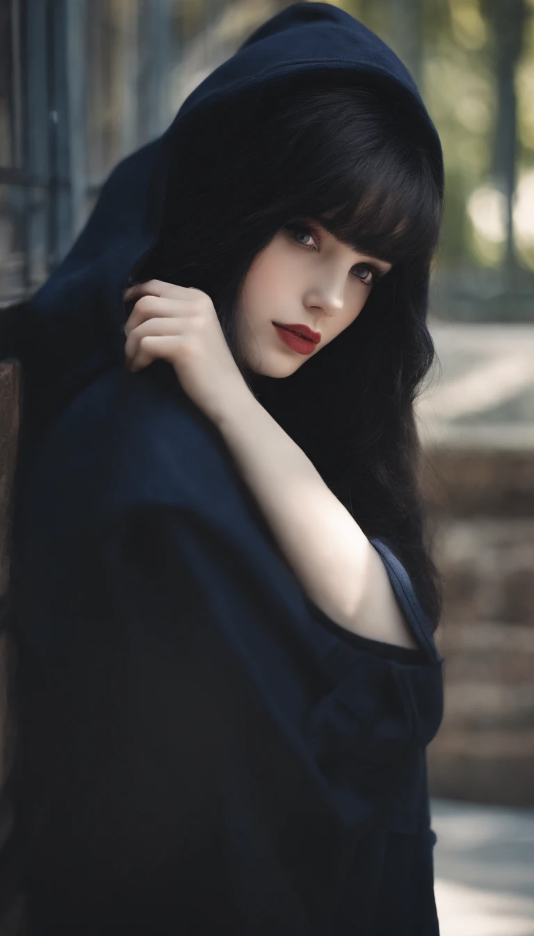 Girl with black long hair.
Pale skin, there is a scar on her eye that she got after an accident. The girl has different eyes, one eye is red, the other is blue.
Wears a dark blue hoodie with black pants and black sneakers.A girl with pale skin and medium-length black hair.