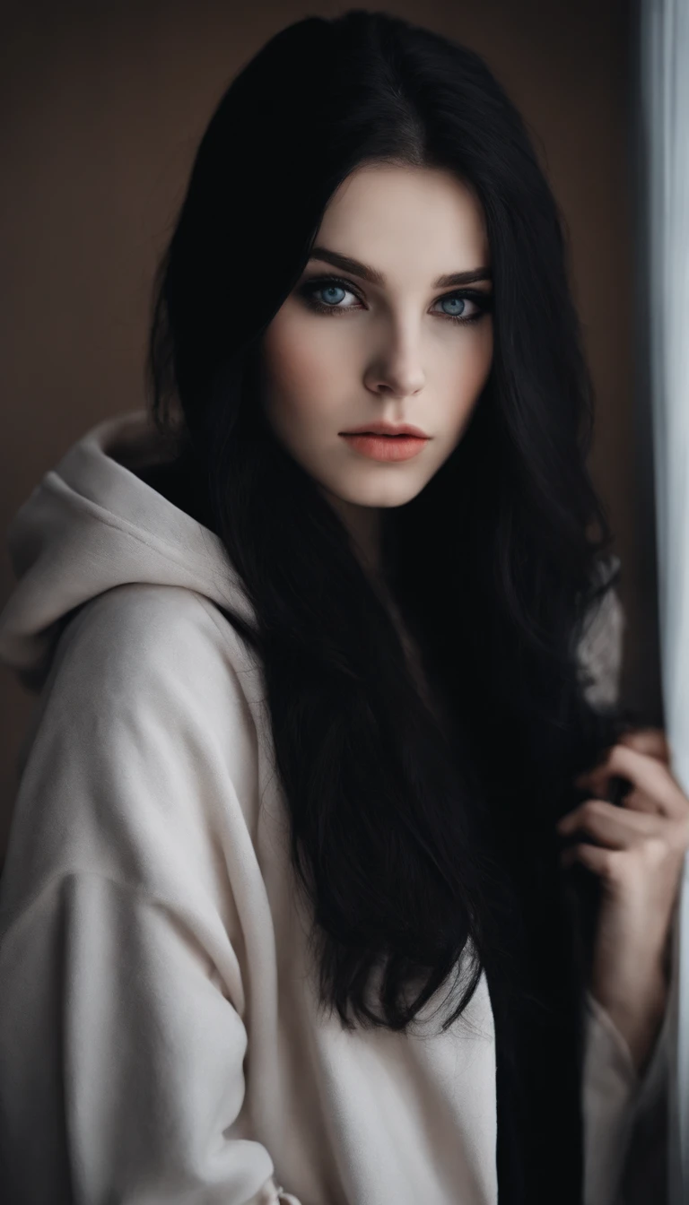 Girl with black long hair.
 Pale skin, there is a scar on her eye that she got after an accident. The girl has different eyes, one eye is red, the other is blue.
 Wears a dark blue hoodie with black pants and black sneakers.A girl with pale skin and medium-length black hair.