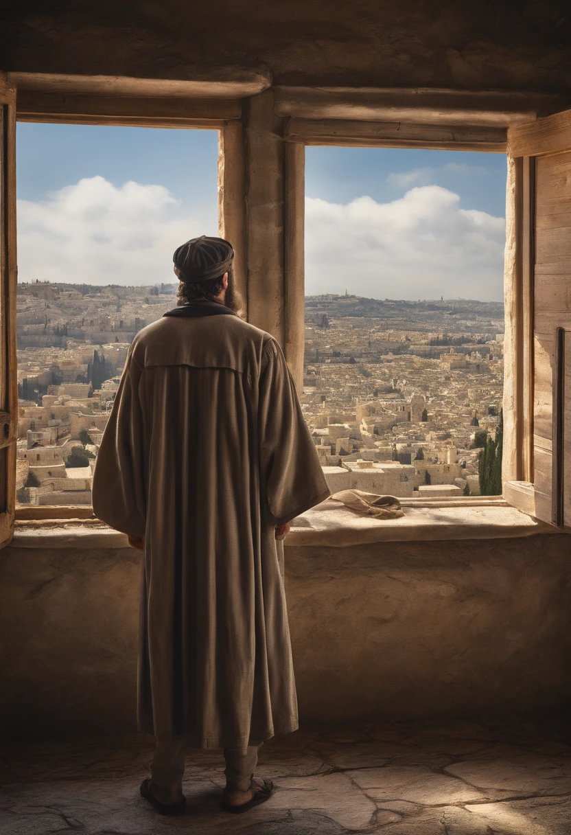 young jewish man looking at the city of jerusalem, standing in front of the bedroom window, dressed as disciples from the time of jesus