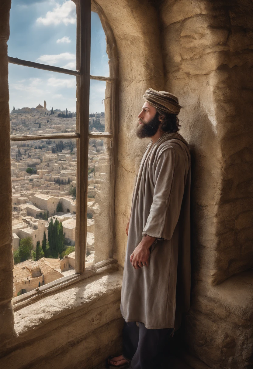 young jewish man looking at the city of jerusalem, standing in front of the bedroom window, dressed as disciples from the time of jesus