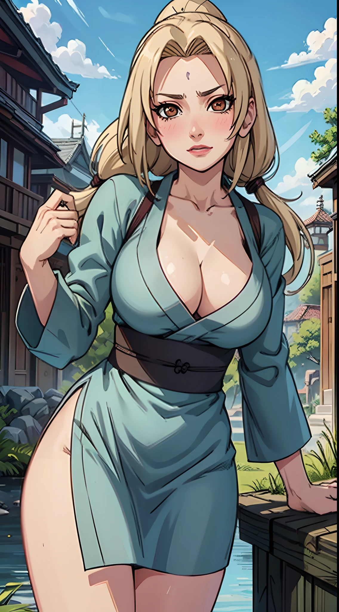 (best quality:1.3), (4k quality), tsunade, ((Detailed face)), (blush), ((blue sky)), (dress)