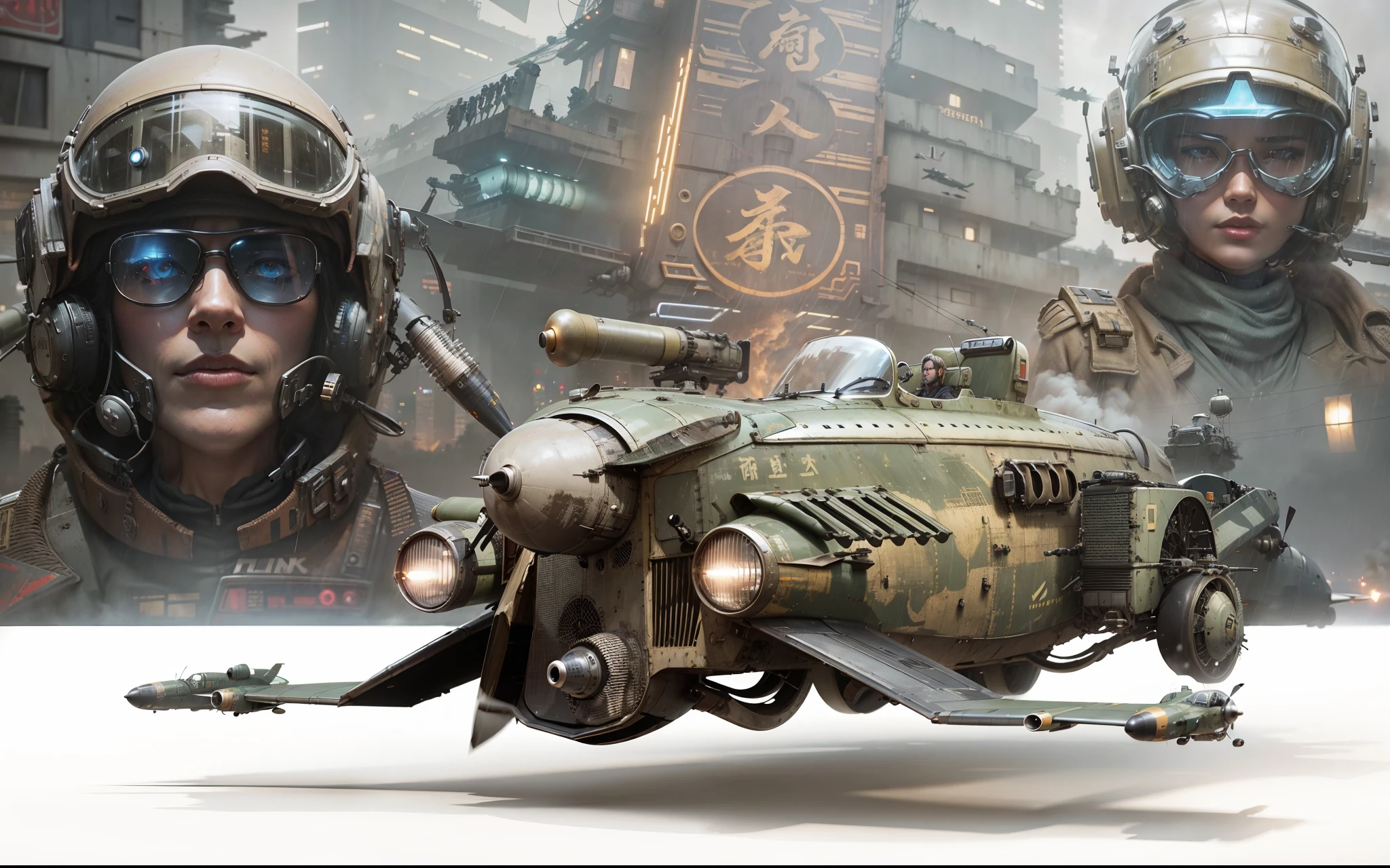 An old flying vehicle heavily armed with missiles and machine guns in the foreground and a beautiful scify pilot and a beautiful woman in sci fy style behind and in the background Chinese buildings on a wet and foggy night in Blade Runner style