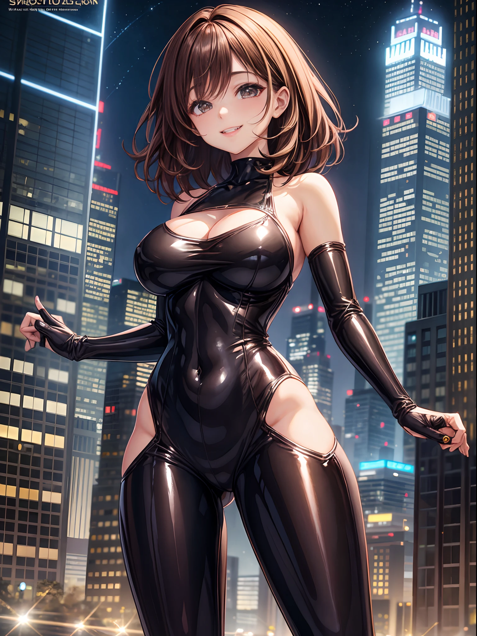 top-quality、Full limbs、complete fingers、One beautiful woman、Beautiful Large Breasts、bobhair、Medium Hair、Brown hair、Woman in full body rubber suit、A smile、((night skyscraper))、sexypose