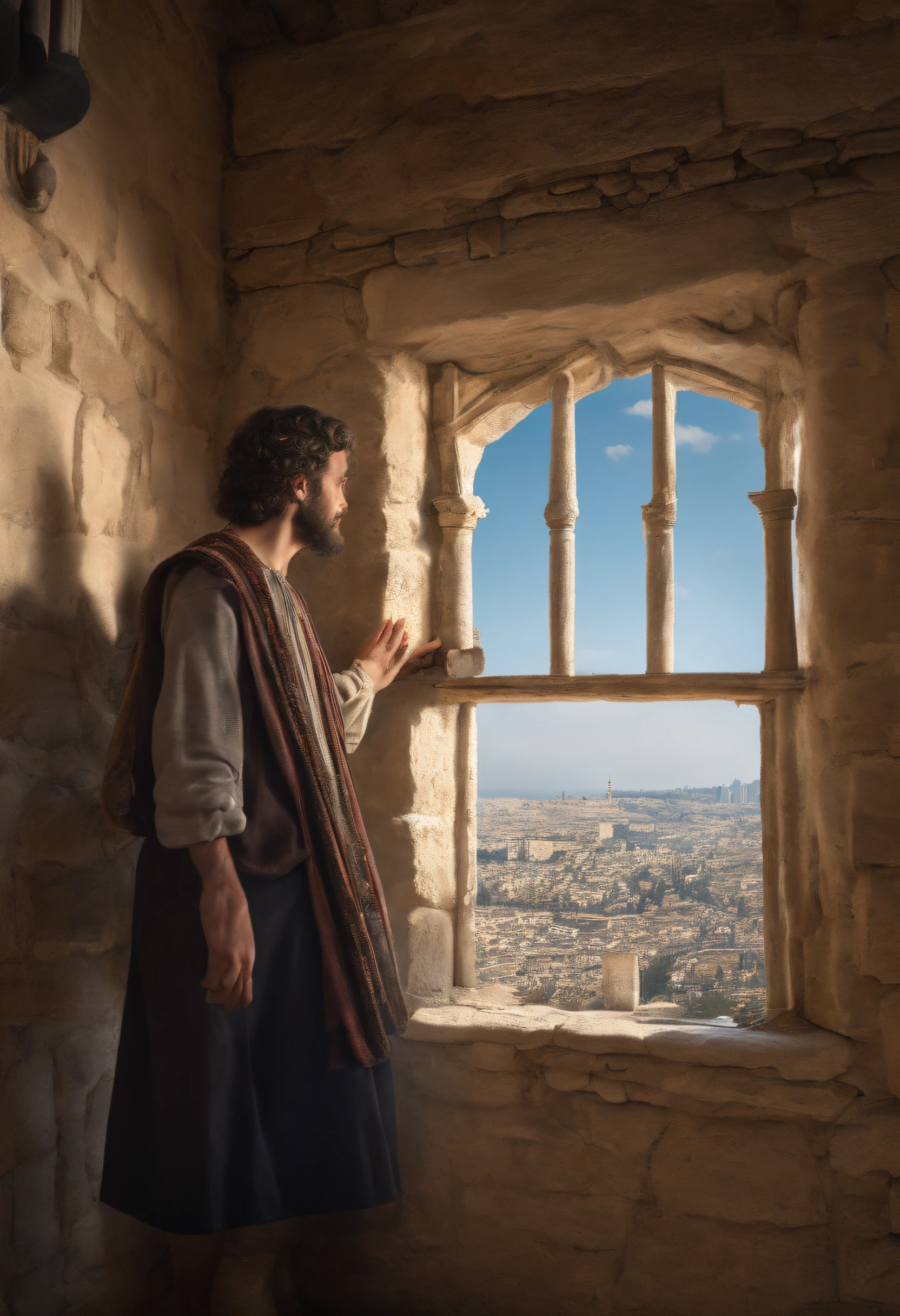 young jewish man looking at the city of jerusalem, standing in front of the bedroom window, dressed as disciples from the time of jesus
