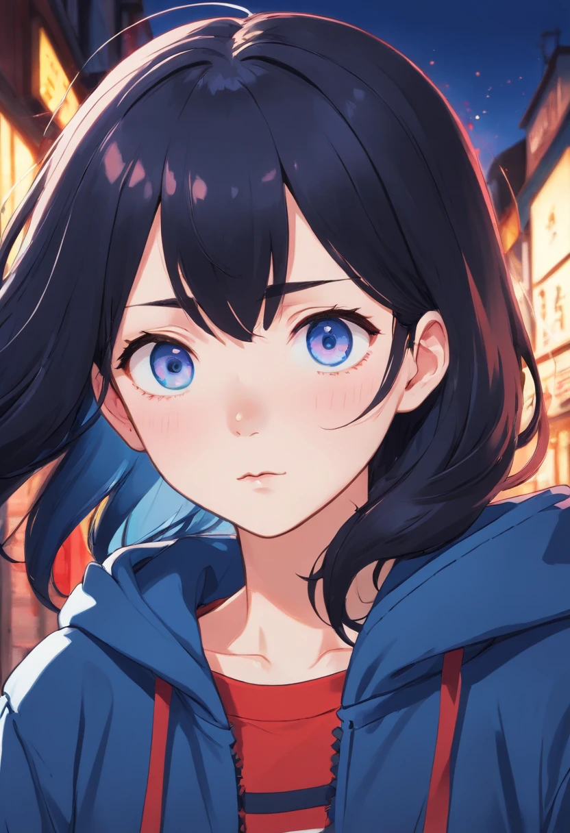 Girl with black long hair.
Pale skin, there is a scar on her eye that she got after an accident. The girl has different eyes, one eye is red, the other is blue.
Wears a dark blue hoodie with black pants and black sneakers.A girl with pale skin and medium-length black hair.