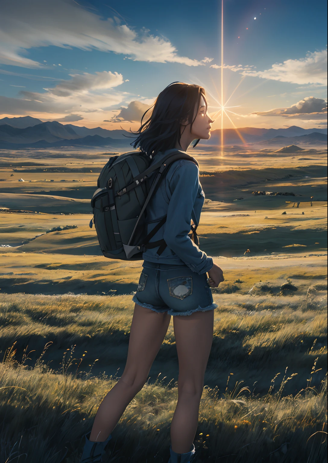 The vast sky, beautiful skyline, large grasslands, extremely tense and dramatic pictures, moving visual effects, the high-hanging Polaris, and colorful natural light. Long-sleeved top, denim shorts, and a girl with a backpack.