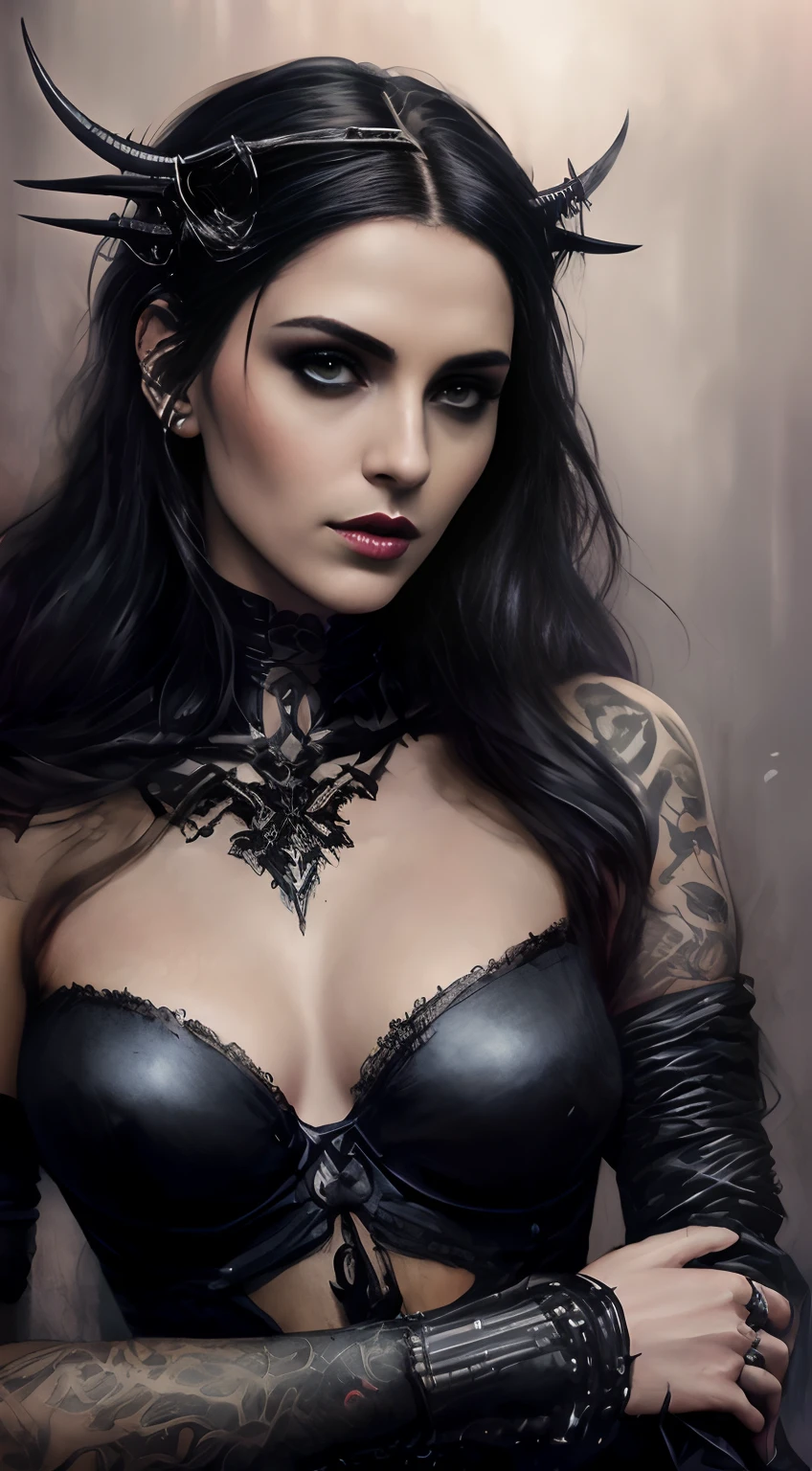 Mujer arafed con un vestido negro con cuernos y un estrangulamiento, seductive cyberpunk dark fantasy, dark fantasy mixed with realism, Dark fantasy portrait, Hermosa reina vampiro, inspirado por Magali Villeneuve, Artstyle Tom Bagshaw, Al estilo de Tom Bagshaw, in style of dark fantasy art, Tom Bagshaw Artstyle, hermosa reina vampiro