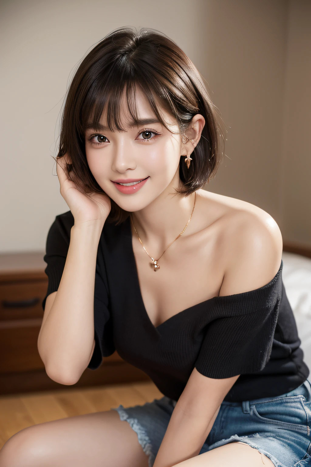 40-year-old woman、Large breasts、A little bit of cleavage is showing.、Fine pores visible on cheeks、A faint freckle on the bridge of the nose、Fine wrinkles at the corners of the eyes
The left eye is slightly smaller、A small scar on the chin、Natural light through the window、Highlight on cheekbones、
Soft shadow on the neck、Hair reflecting light、Slightly messed up bangs by the breeze、
Shiny black hair、Short hair that shows the movement of the ends.、eyes that reflect light、Long natural eyelashes、
Slight wrinkles at the corner of the eyes、Fine patterns of iris、Gentle smile with slightly raised corners of the mouth、
Relaxed forehead、Movement of eye muscles expressing emotion、Woman sitting on sofa in living room、
Natural shadows falling on the table、
Depth through background blur、Relaxed posture sitting deep in the chair、
Naturally clasped hands on lap、
Slightly tilted head angle、Natural French nails、
Delicate design necklace、
Natural eye makeup、
slight redness on the cheeks