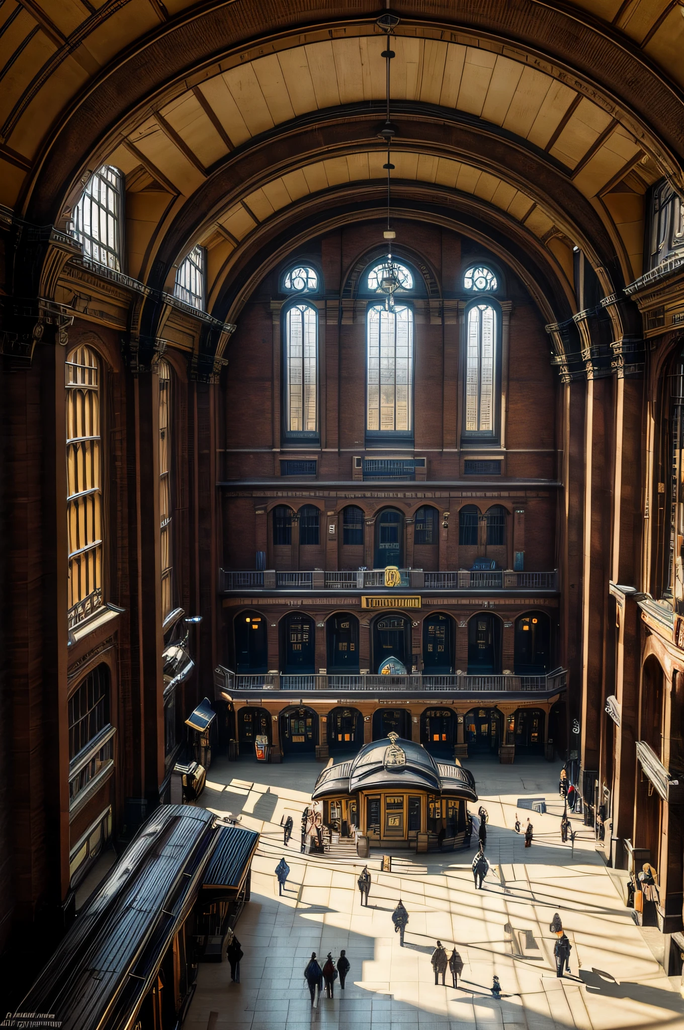 A Steampunk drawing of a giant train station in London, 8k fotografia profissional, cores vibrantes, obra-prima, classic, vista de fora