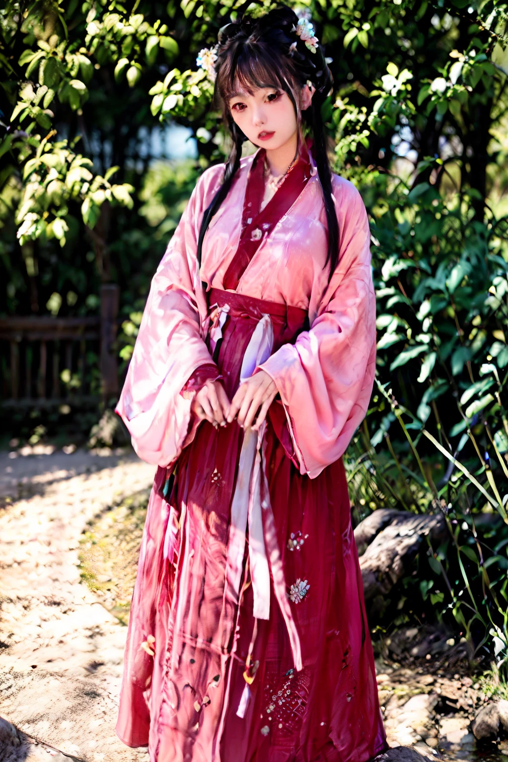 best quality,(RAW photo:1.2),(masterpiece:1.4),(photorealistic:1.4),(highres:1.4),
1girl, long hair, floating hair, hand fan, depth of field, from above,
hanami, cherry blossoms, lake, beautiful detailed water, goldfish,
pureerosface_v1, hanfu, tangstyle,