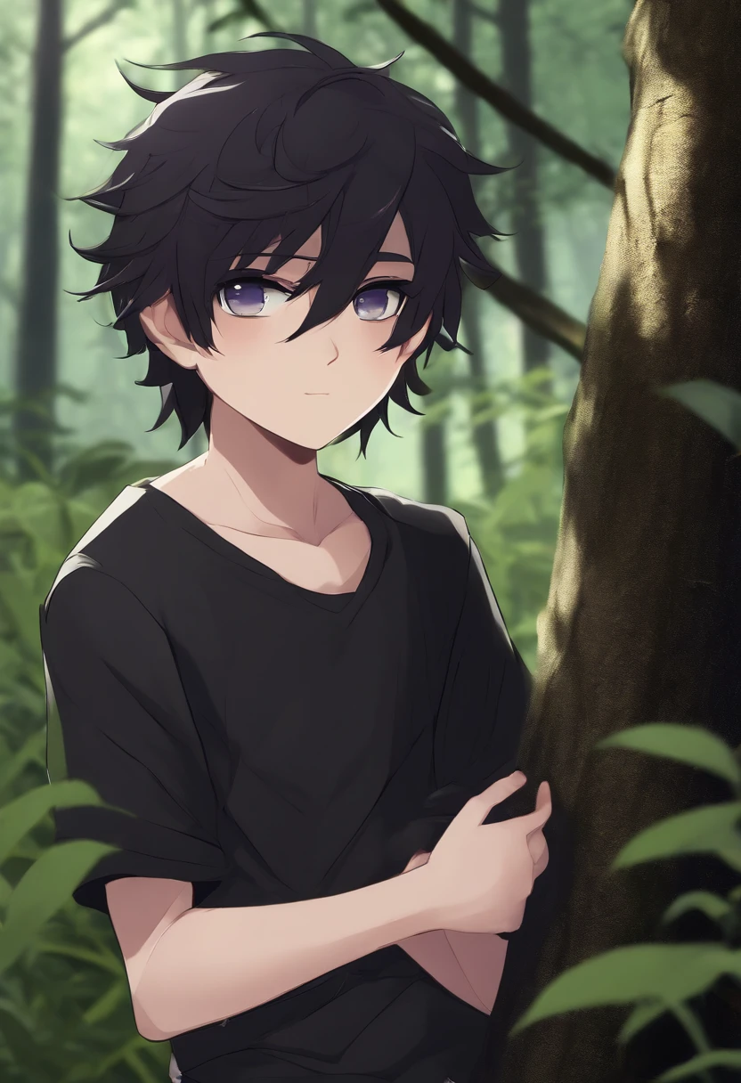 1male , black hair , purple eyes , messy hair , pale skin , black t-shirt with a grey undershirt with slightly longer sleeves , forest background , somber expression , ninja clothing , young boy , child