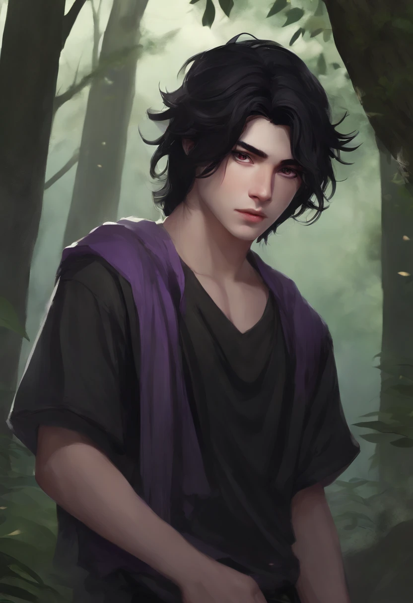 1male , black hair , purple eyes , messy hair , pale skin , black t-shirt with a grey undershirt with slightly longer sleeves , forest background , somber expression , ninja clothing , young boy ,