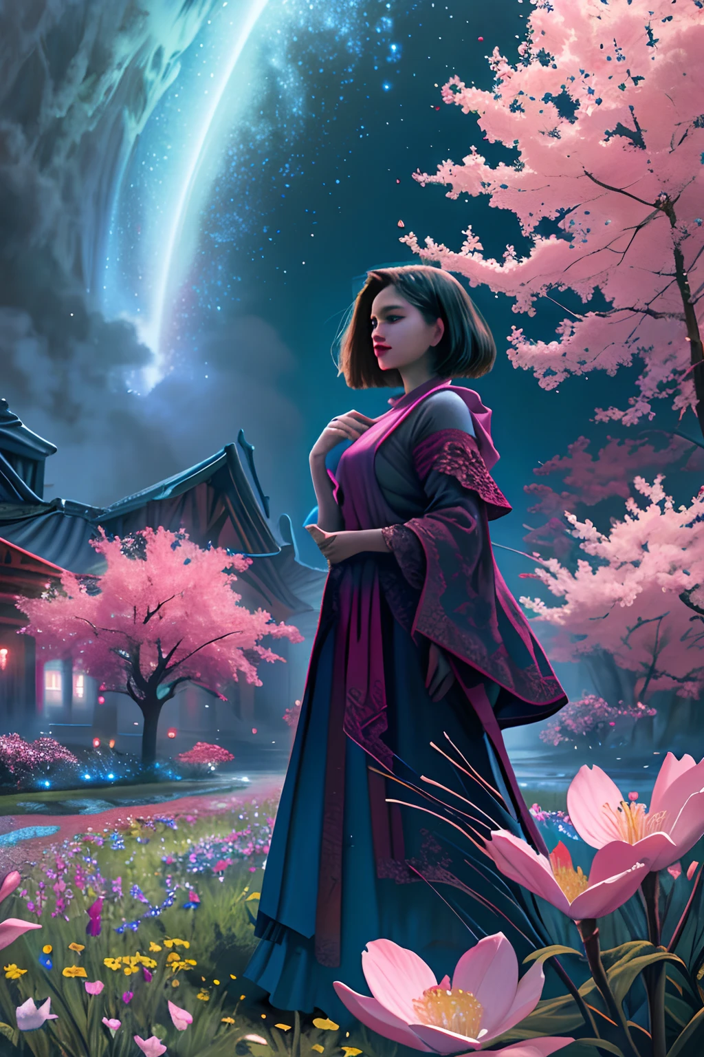 vivid illumination, enchanting elegance, atmospheric depth, masterful technique, naturalistic representations, harmonious composition, creative refinement, striking juxtapositions,evocative hues, captivating coloration, dramatic lighting,
1girl,solo,
research station,
outdoor,
Spirituality,
garden, blossoms, peaceful,