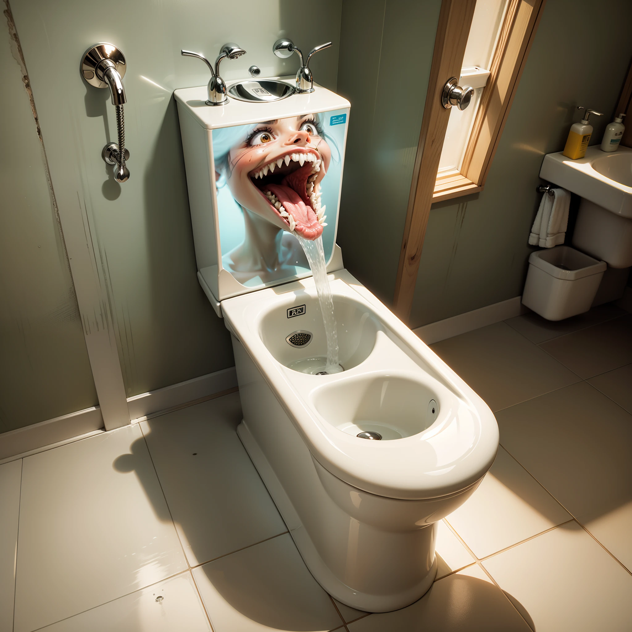 Open mouth urinal with teeth inside a clean bathroom --auto --s2