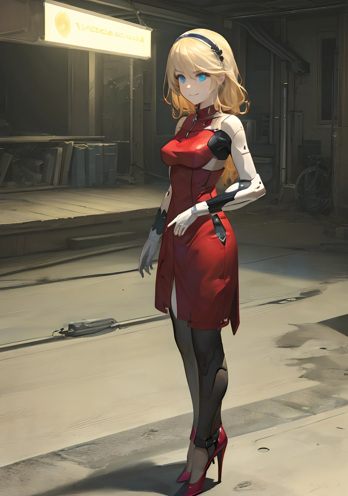 (Best quality, masterpiece:1.5), solo, standing, dynamic shot of a beautiful blonde haired android woman with shimmering blue eyes, decently sized, soft breasts, and detailed seams along her body, wearing a flowing red dress, and matching high heels. She’s posing confidently, and has a warm smile on her face. The background shows she’s in a futuristic version of New York City, at night.