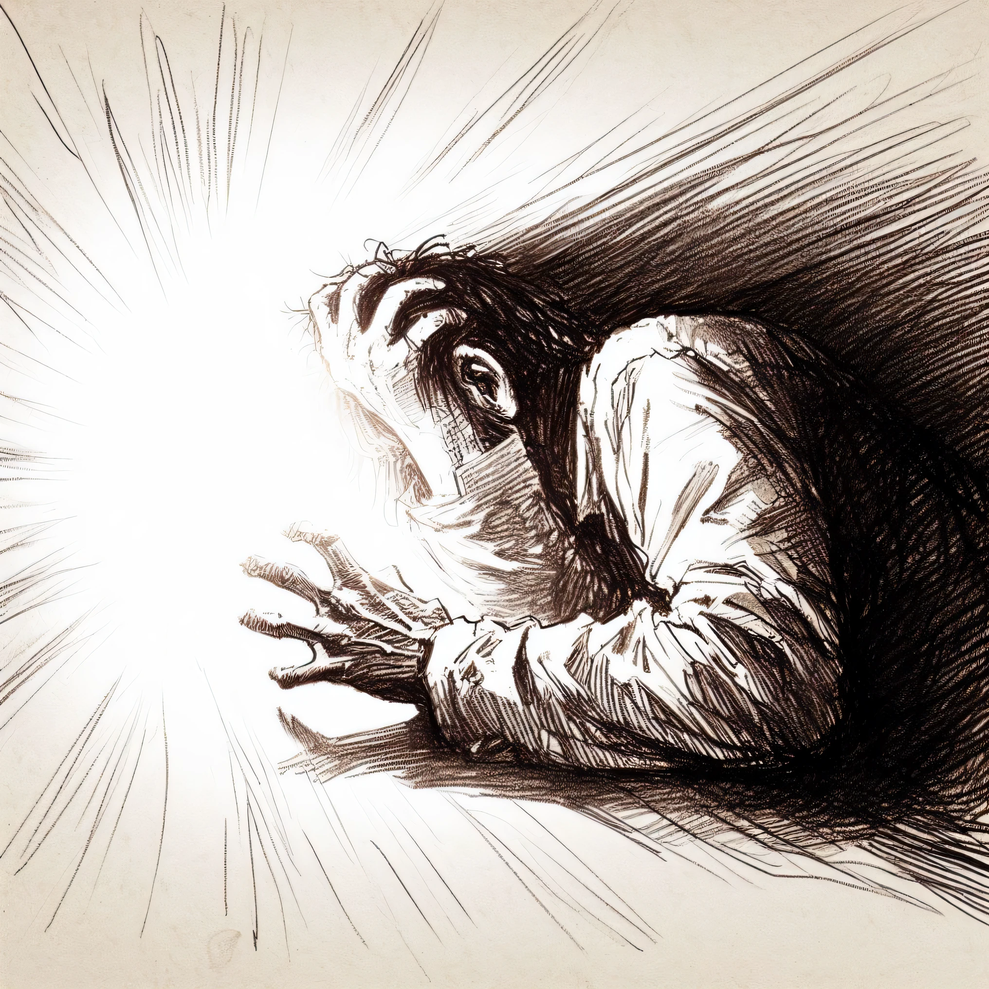 a man, hellboy hiding from the light, with fear, despair, avoiding looking at the light, fear in the jim lee style. sketch, being defeated by the light