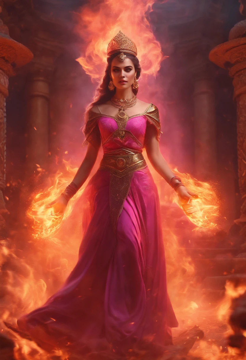 High Frequency: 1.8, Rich Detail, Masterpiece, 8K, Beautiful Priestess in Pink Shirt Standing in front of Fire, Dancing, Hands Waving Fan, Fan on Fire, Flames Surround Priestessess, Burning Battlefield Background,