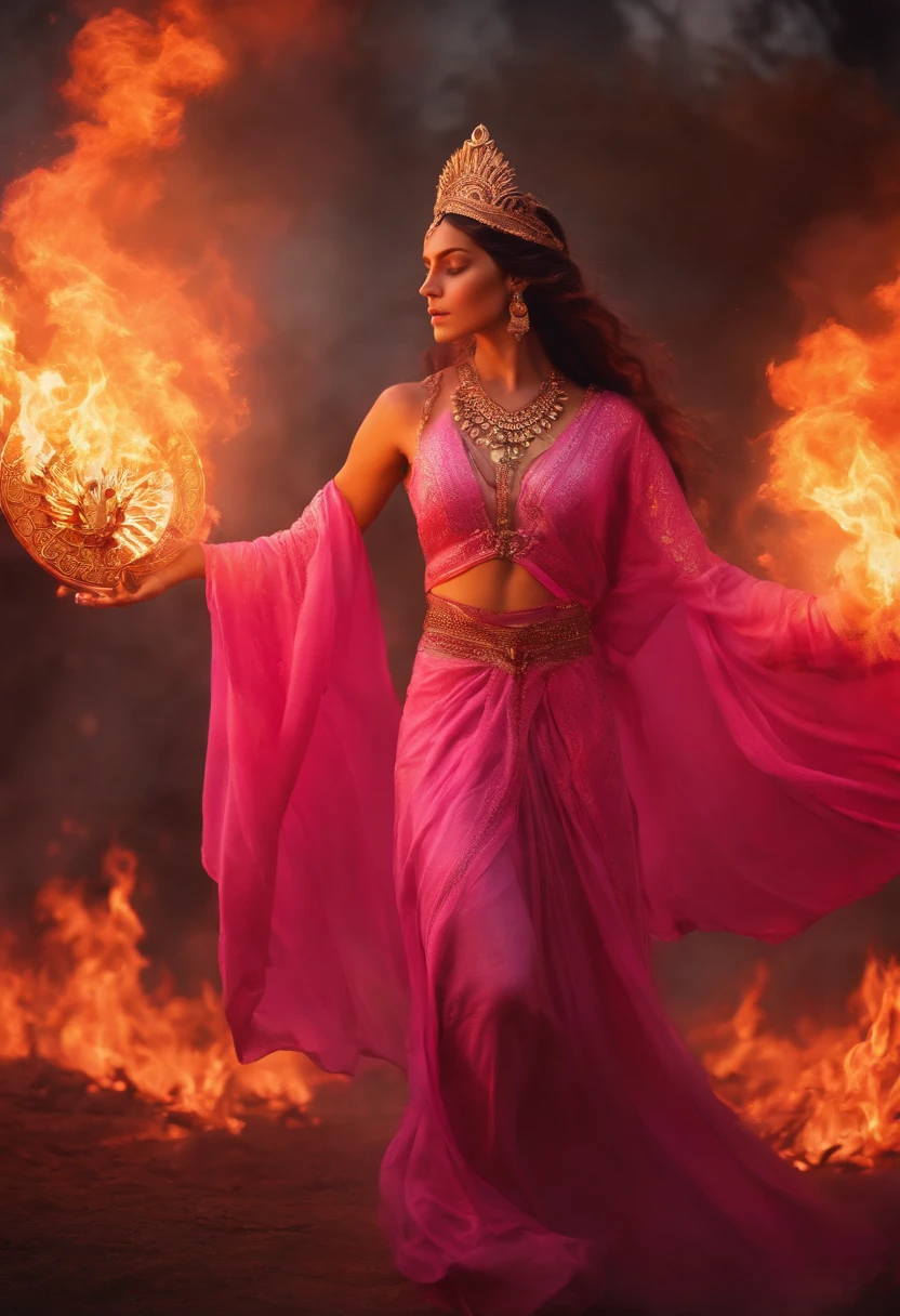 High Frequency: 1.8, Rich Detail, Masterpiece, 8K, Beautiful Priestess in Pink Shirt Standing in front of Fire, Dancing, Hands Waving Fan, Fan on Fire, Flames Surround Priestessess, Burning Battlefield Background,