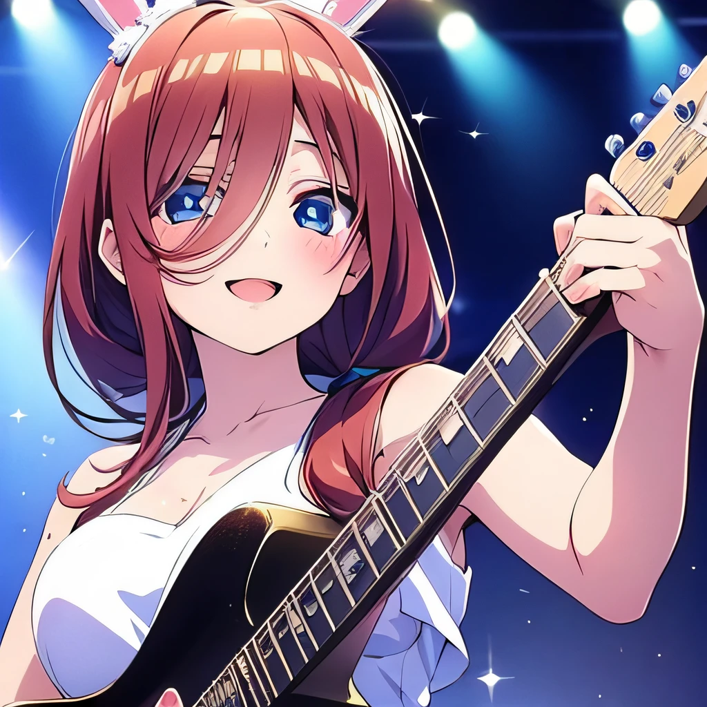 ((masterpiece)), ((best quality)), (ultra-detailed), anime style, Live performance venue, a cute girl, 1girl, solo, playing the guitar00, bunny girl00, ((beautiful eyes))0, smile