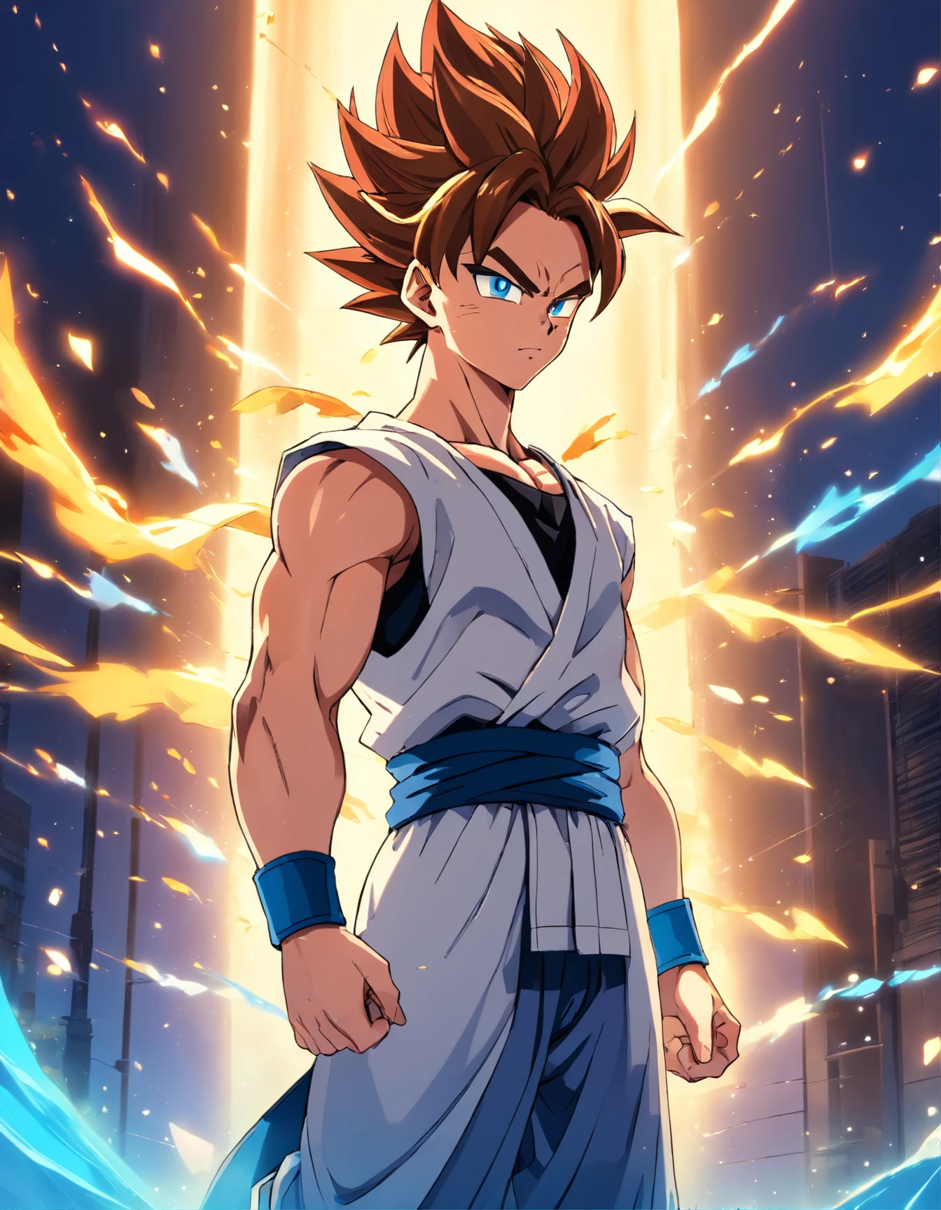 Gogeta de dragon ball super broly, de 17 anoo roupas modernas,belos olhos e rosto,penteado legal,juvenile expression,pose confiante,Fundo Urbano,Artistic portrait,pintura digital,ultra-detalhado,Altas,Physically-based rendering,cores vibrantes,studio lighting,foco nítido,Bokeh,fotorrealista.