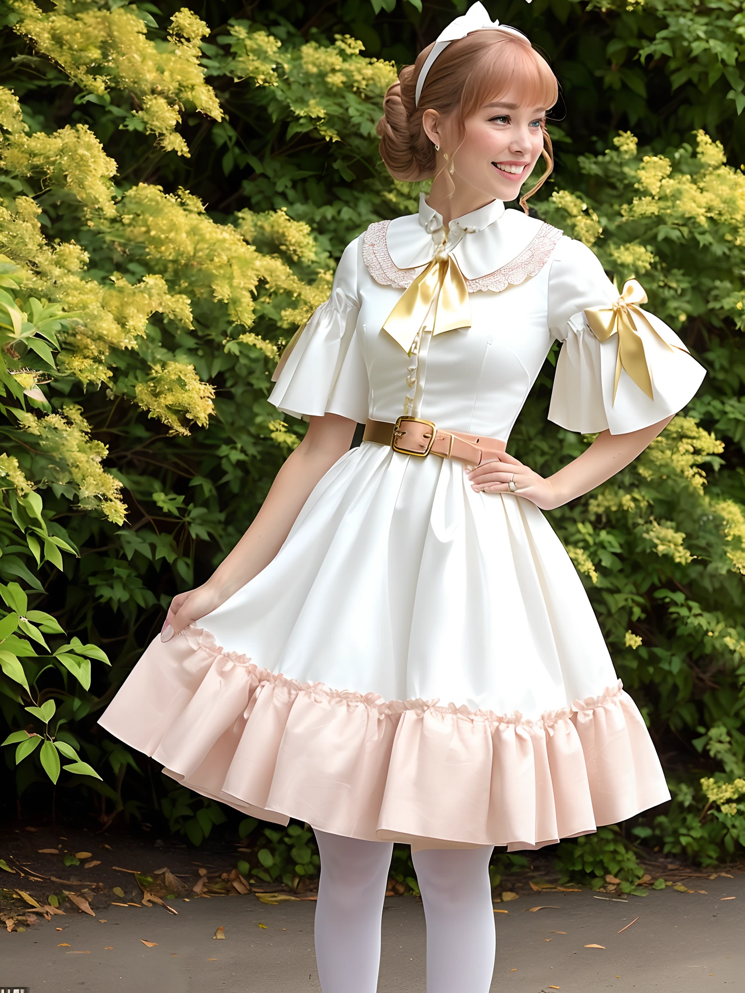 Julie Joyful wears a light red dress. The bodice of the dress has a white Peter Pan collar with a golden bow attached to it. It also has puffed sleeves. A white belt is secured around her waist with a circular golden buckle. The skirt of the dress is ruffled and rounded. The edges are gold and dark salmon. Julie had on stockings that have a blue-green gradient. She also wore white Mary Jane shoes with a golden buckle