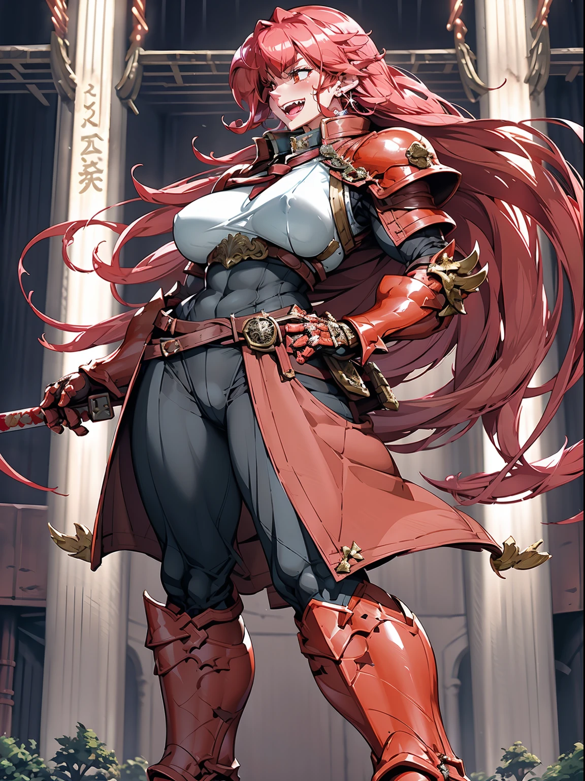 tomboy, warrior, berserker, tall female, muscular female, living hair, sauvage,, medieval clothing, fantasy, fantasy weapon, huge breasts, barbarian pants, , combat boots, armor, red hair, crazy smile, open mouth, biceps, necktie, thick arms,pullover, solo focus, long hair, , crazy smile, long hair, pants, noble cloths, noble clothing, french cloths, very long hair, BOOTS, full body, pink lips, hime cut