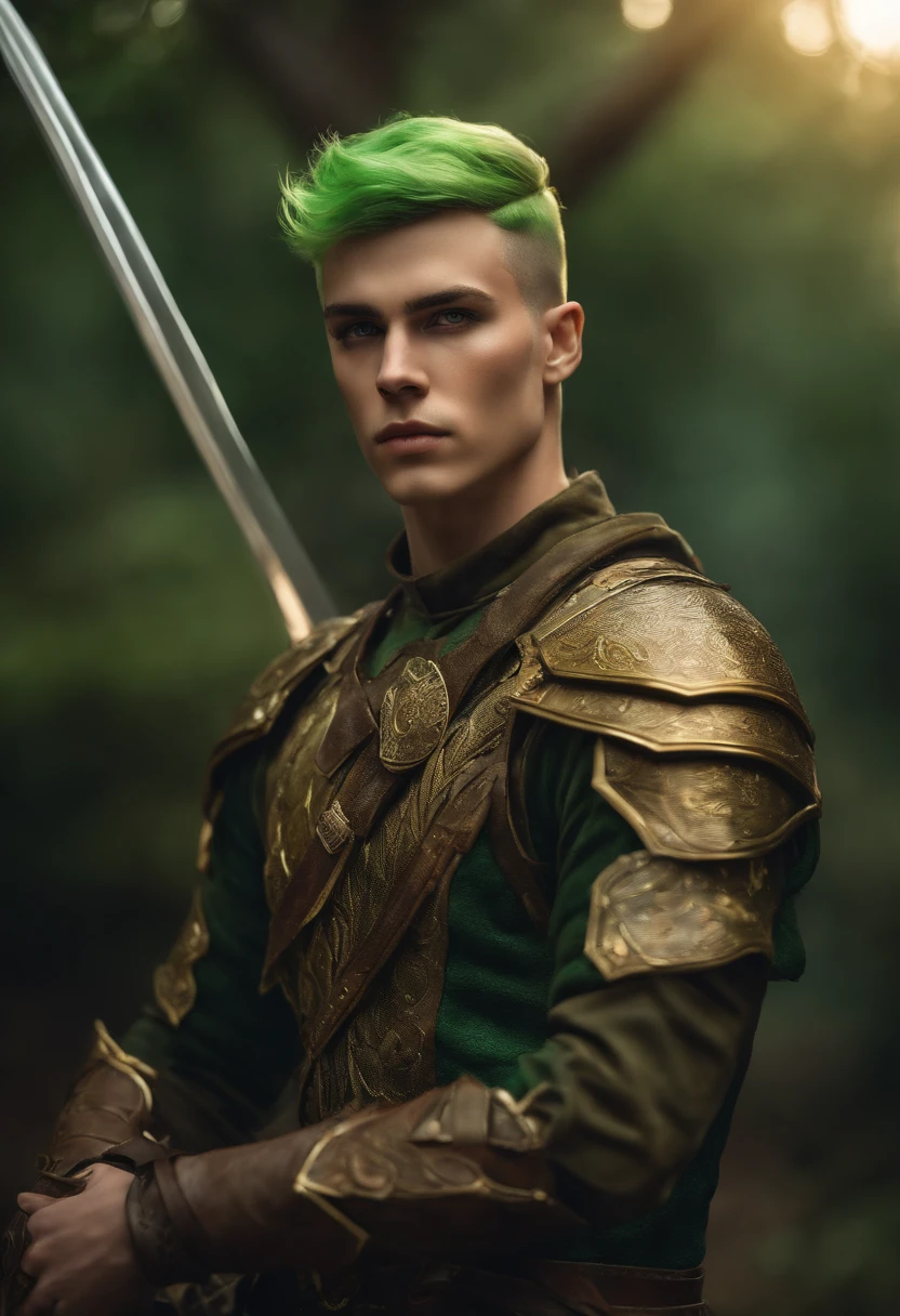 Yellow skin, detailed young man, green hair, white eyes, delicate symmetric realistic face, (hell background), ranger outfit leather armored, fairy, full body, masterpiece, absurdres,fine detail, rich colors, dramatic lighting, extremely detailed, cinematic lighting, scary
