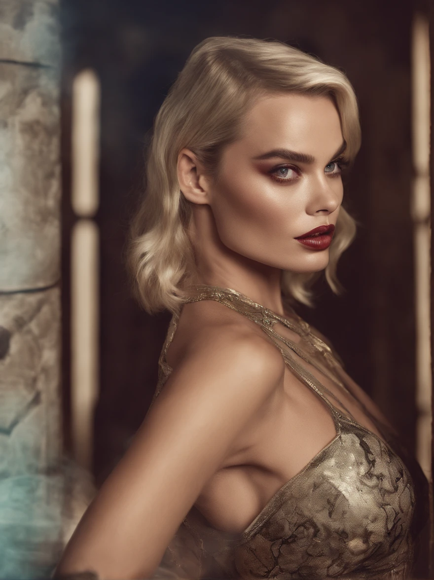 nsfw, margot robbie, vampirella, sultry, slutty, mysterious, wearing authentic comic-book costume, dark dank smokey medieval dungeon,1980's high end high fashion editorial perfume advertising photography, muted color grading, bokeh, light leaks