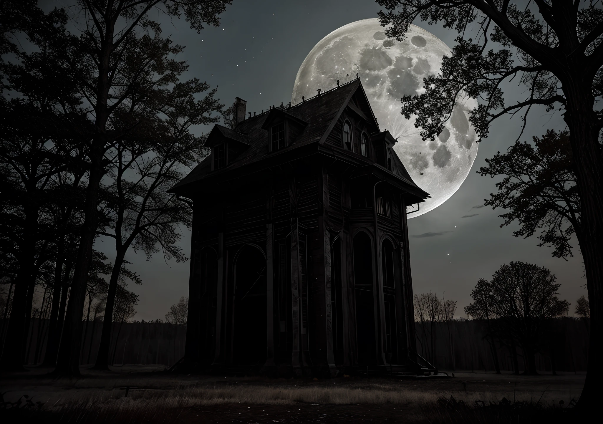 As the full moon casts an eerie glow, take refuge high in the branches of a colossal oak, while sinister howls and growls echo through the haunted woods."