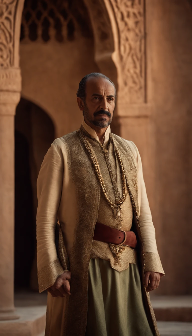 Ismael Sharif, the 18th-century King of Morocco, with a stern and imposing presence. Realist