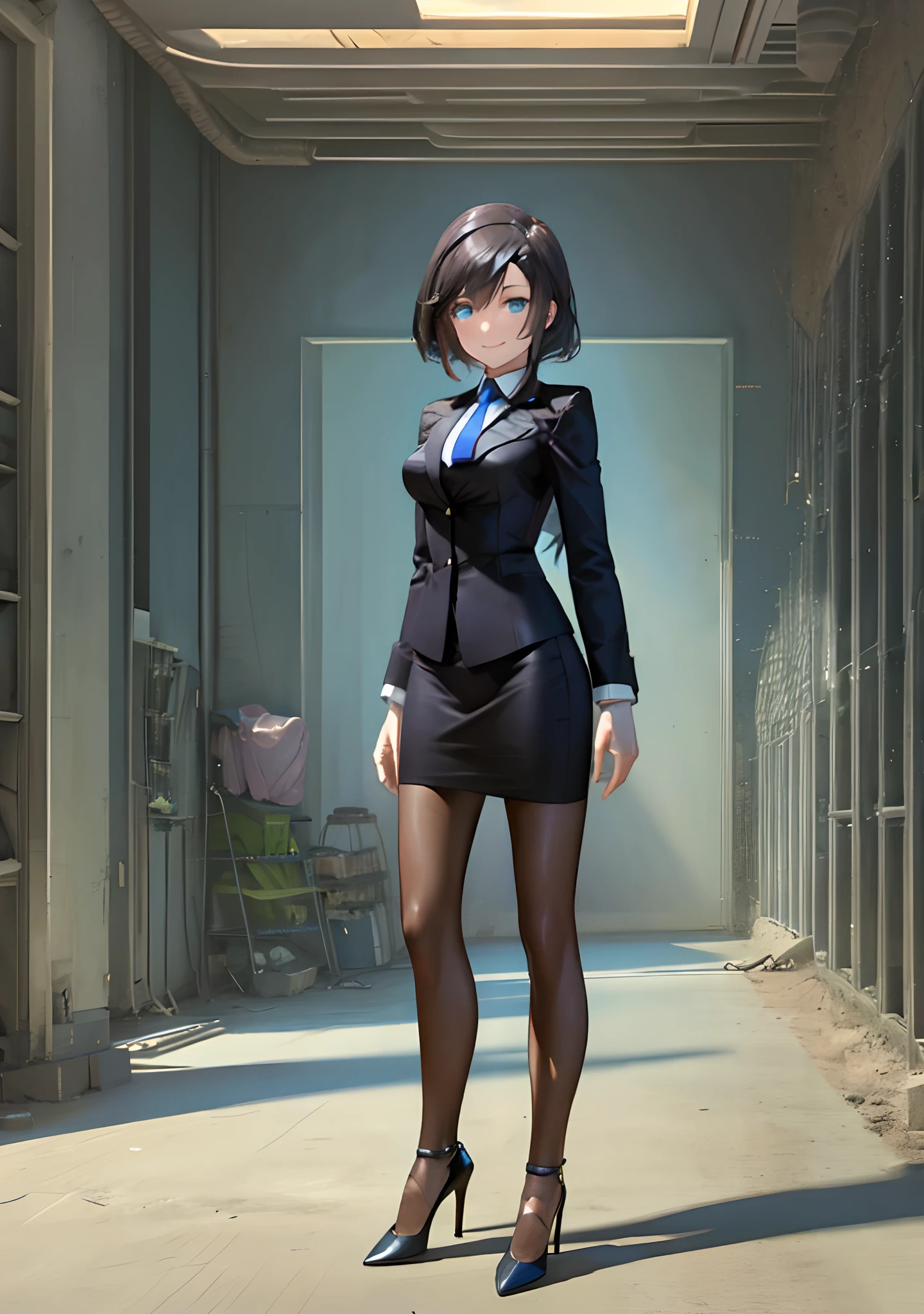 (Best quality, masterpiece:1.5), solo, standing, dynamic shot of a beautiful black haired android woman with shimmering blue eyes, medium sized breasts, and detailed seams along her body, wearing a form fitting business suit and tie, pencil skirt, and matching high heels. She’s posing confidently, and has a warm smile on her face. The background shows she’s in a futuristic version of New York City, at night.