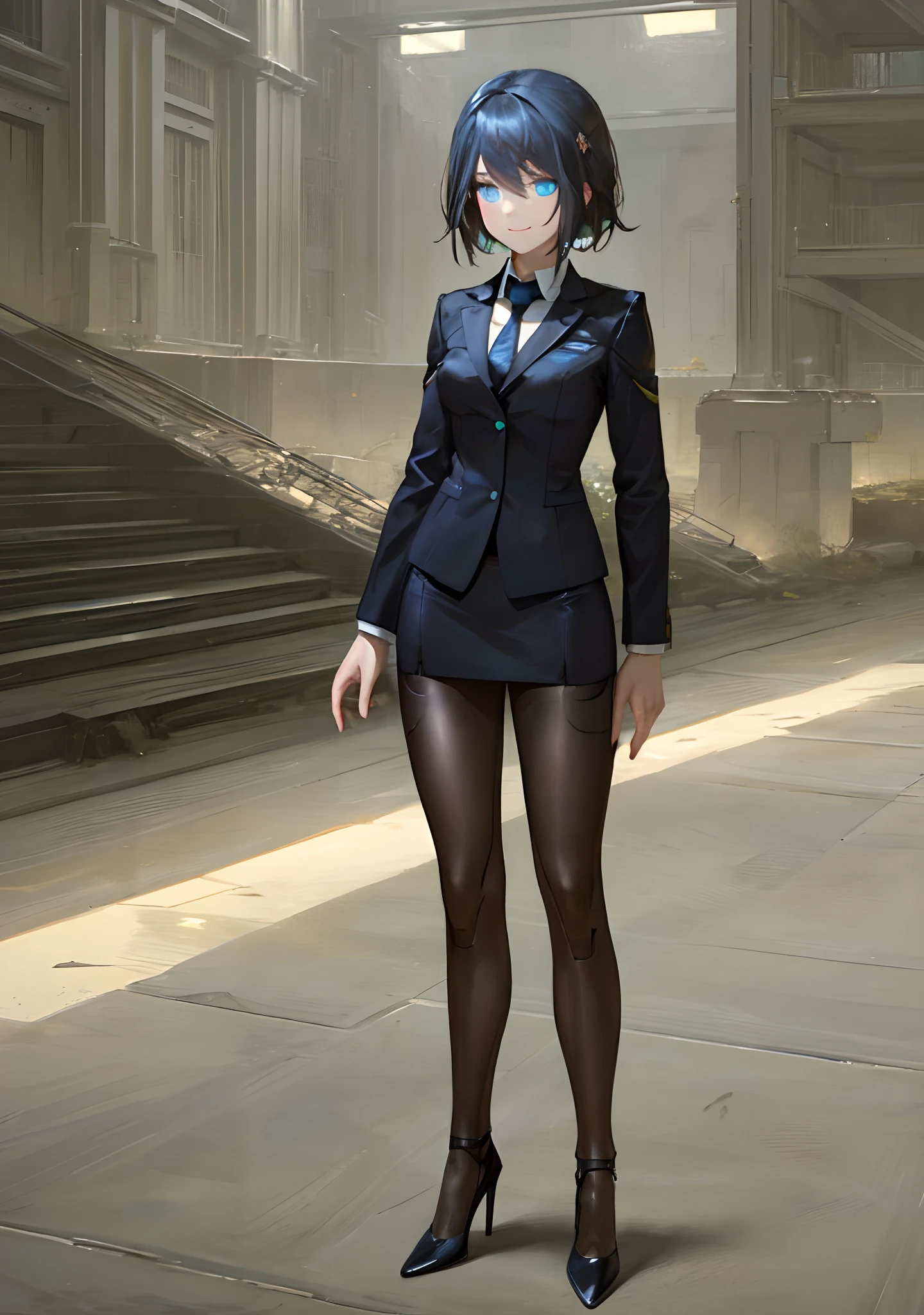 (Best quality, masterpiece:1.5), solo, standing, dynamic shot of a beautiful black haired android woman with shimmering blue eyes, medium sized breasts, and detailed seams along her body, wearing a form fitting business suit and tie, pencil skirt, and matching high heels. She’s posing confidently, and has a warm smile on her face. The background shows she’s in a futuristic version of New York City, at night.