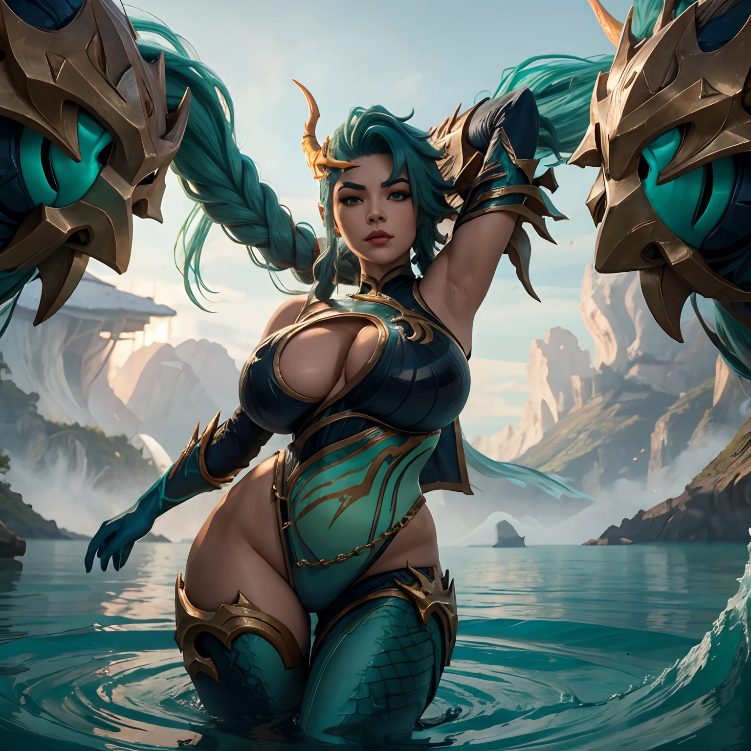 Lagoon Dragon Kai'sa | League of Legends, big boobs, curvy, shy, nsfw, fully naked, looking at viewer, boobs out, grabbing boobs