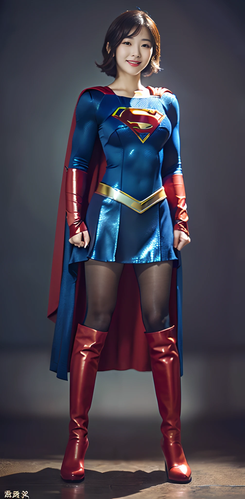 (((Wear black tights on your beautiful legs.)))、(((Grow legs、tall、beauty legs)))、(((facial expression of smile)))、((((Make the most of the original image)))、(((Supergirl Costume)))、(((shiny short hair)))、(((Suffering)))、(((Feet must necessarily be worn with black tights)))、(((You need to wear red boots)))、((Top image quality、8K))、((top-quality、8K、masterpiece:1.3))、(((Keep your background simple)))、Crisp focus:1.2、Beautiful woman with perfect body shape:1.4、Slender Abs:1.2、a wet body:1.5、Highly detailed facial and skin texture、