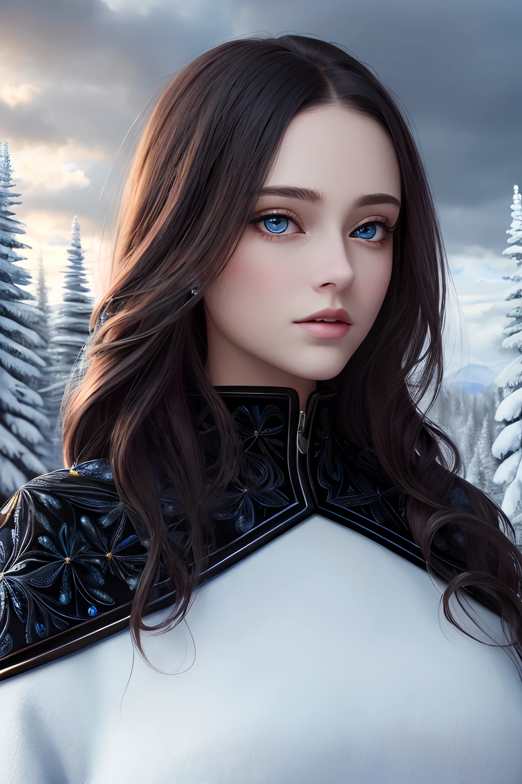 masterpiece, best quality, ultra-detailed, fantasy style, portrait of shy petite woman, close up, extremely beautiful, long wavy hairstyle, pretty blue eyes, wearing black winter coat), cold atmosphere, winter-themed, snow, Style-Winter, pine trees, dark storm clouds, fluffy clouds in the background, unreal engine, (masterpiece, Intricate, epic details, Sharp focus, dramatic, surreal oil painting), full body shot