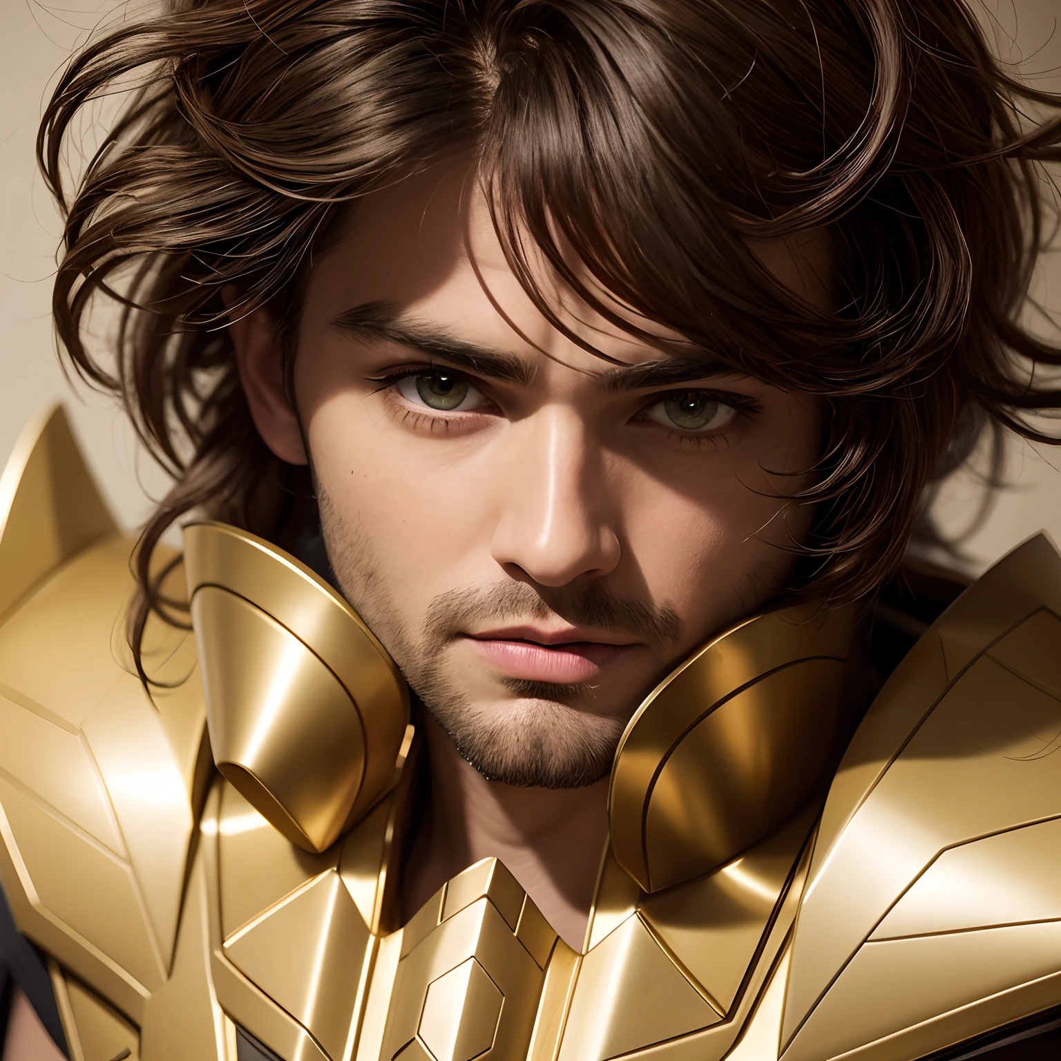 cinemactic, incrivelmente detalhado e ultrarrealista, Sagitarius aiolos de Saint Seiya. Close up. He's wearing a very realistic golden suit of armor. armadura dourada brilhante. Octane is the perfect tool to capture the softest details of this 16k photography masterpiece. He's a handsome Greek man, cerca de 30 anos. 1Homen. beautiful face. rosto detalhado. nariz bonito. (Olhos verdes muito grandes). olhos perfeitos. ((Depilado)). Ele tem cabelos castanhos. cabelos curtos com franja. messy hair. bandana vermelha. masculine traits. ((sem barba)).