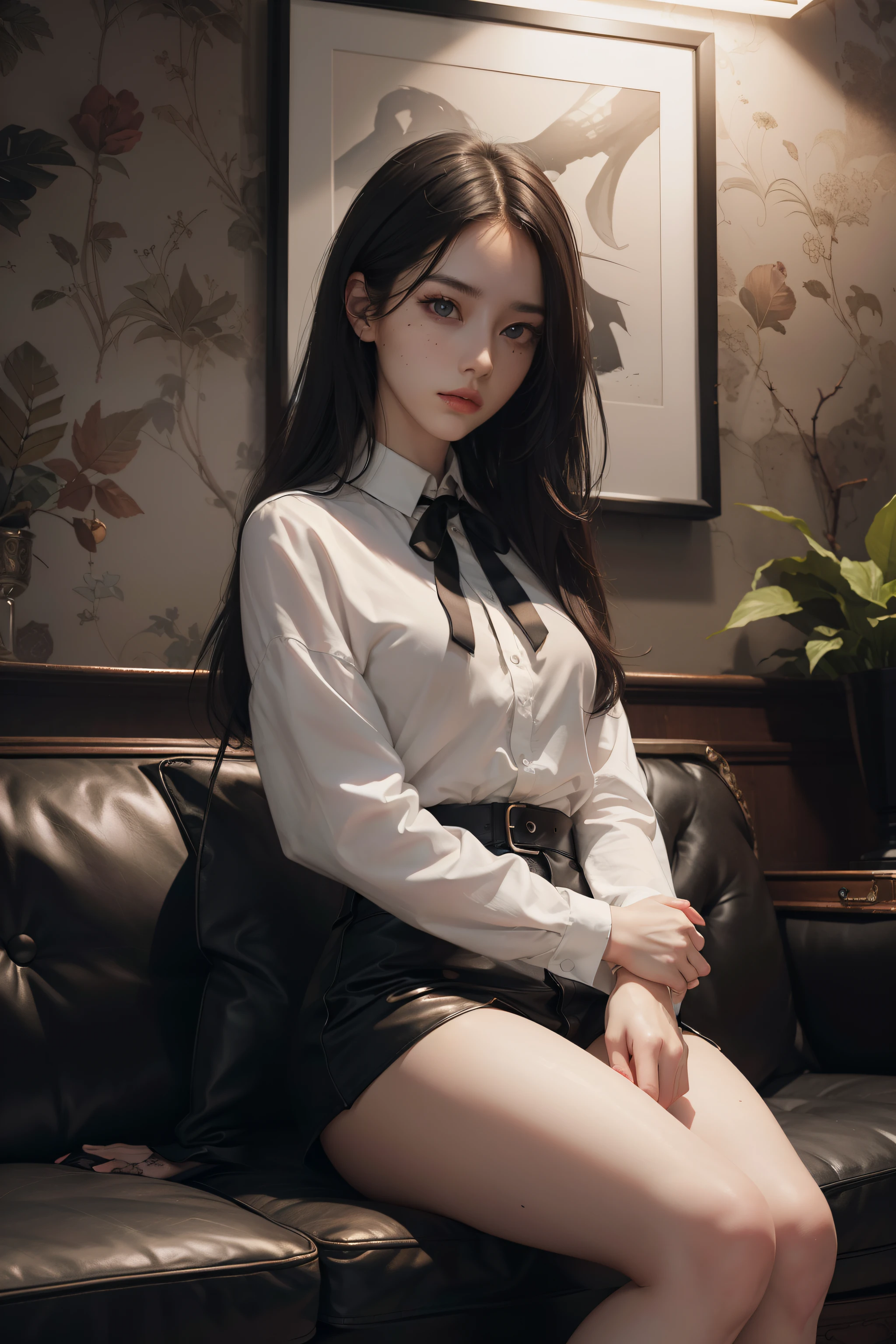 (Hyper-realistic), (Illustration), (High resolution), (8K), (Extremely detailed), (Best Illustration), Yol ( chain saw man ), (Beautiful detailed eyes), (Best Quality), (Ultra-detailed), (masutepiece), (Wallpaper), (Detailed face), Solo, Upper body, Focus on Face, 1 girl, Long Black Hair, Korean, Thin eyeshadow, A detailed eye, Brown eyes, Small moles under the eyes, very slender legs,Long sleeve shirt, Neckbow,  Small breasts,Black leather shoes, Dynamic Pose, low illuminance, Night, Dark, Clouds, a dark night,sit on sofa,Happy,White panty,