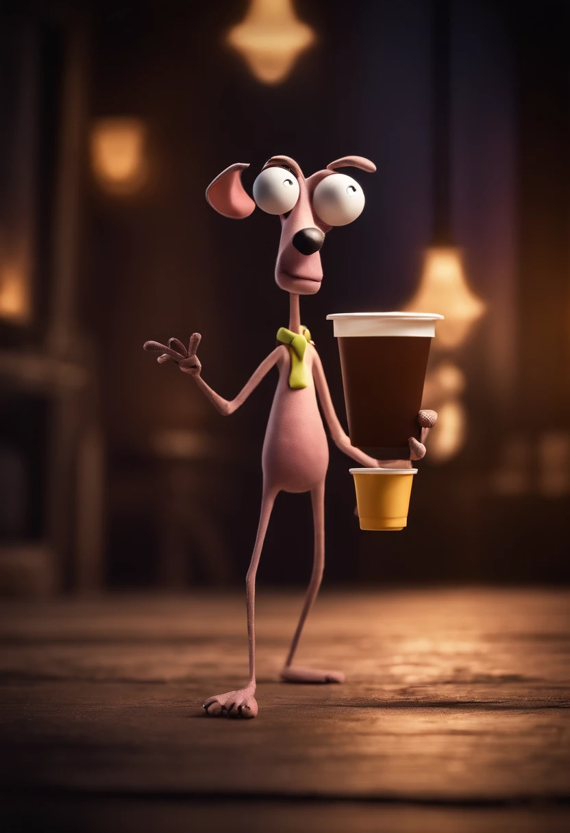 Courage the cowardly dog with long legs, platinum chain on around his neck, holding a Styrofoam cup
