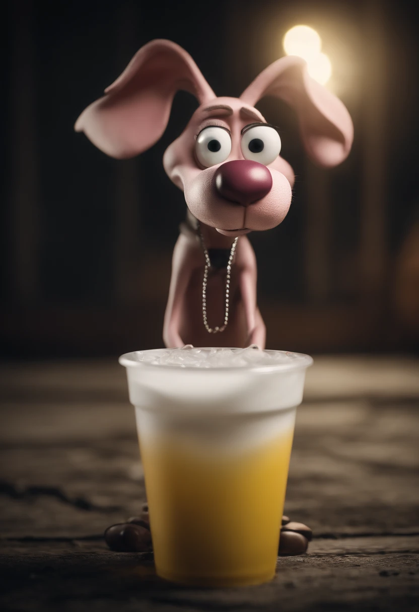 Courage the cowardly dog with long legs, platinum chain on around his neck, holding a Styrofoam cup