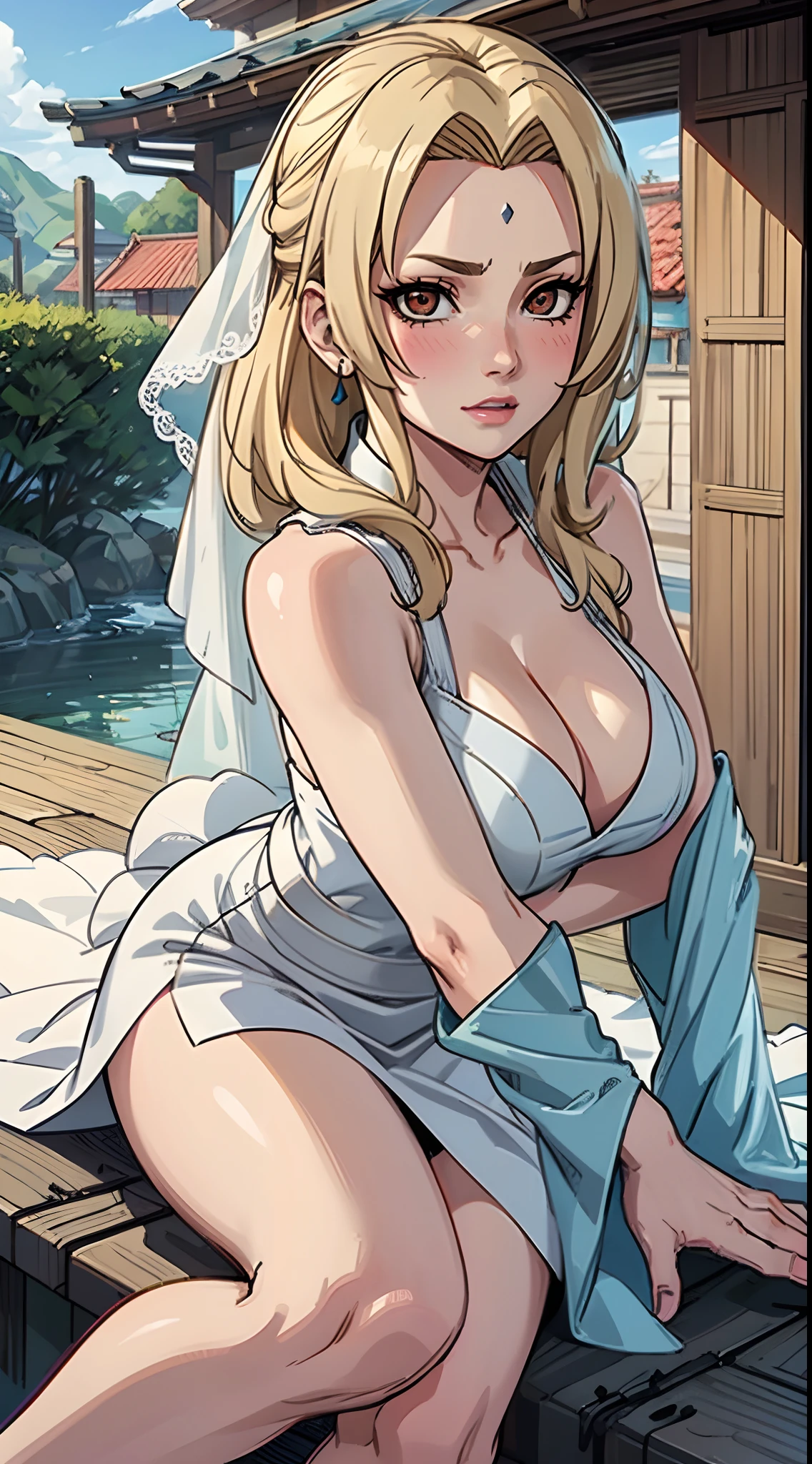 (best quality:1.3), (4k quality), tsunade, ((Detailed face)), (blush), ((blue sky)), ((wedding dress))