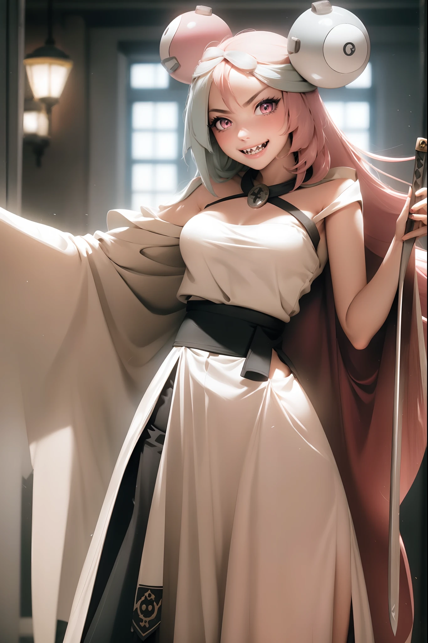 iono,1 girl,pink eyes,solo,smile,open mouth,fangs ,indoors,woman-medieval-clothes, priestess, sword holding, smile, long skirt, large skirt, full body, strawhat