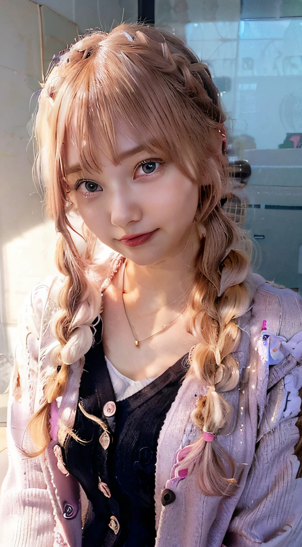 (((Anime))), ((Animated)), (Gal), Medium Hair, (Braid hair:1.3), (Blunt bangs:1.2),Two-tone hair, Blonde hair, (Pink hair), Round face, Red Eyes, (drooping eyes), (((tareme))),Pink lip,Piercing,Necklace,[Black skin], lightsmile, ((((Cute)))), Beautiful, 1 girl, Solo, (Cardigan:1.4), [cleavage cutout],piece sign,Beautiful background,(crass room:1.5),evening,Sunlight,Backlighting,masutepiece,Best Quality,Exquisite,8K,absurderes,superfine illustration,(Looking at Viewer)