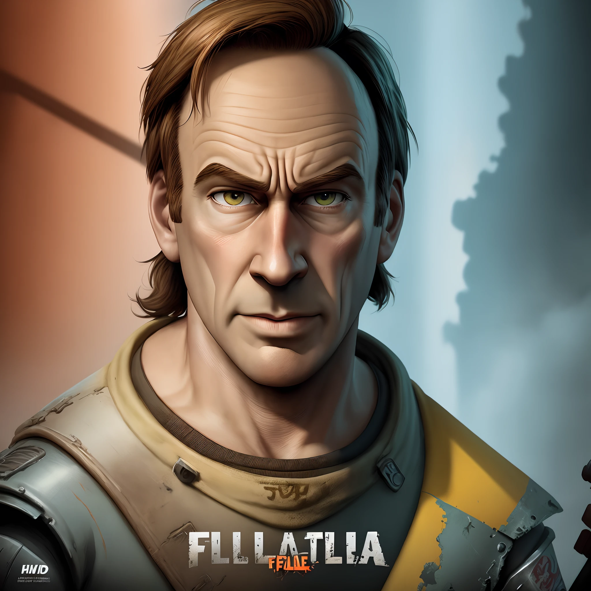 Disney pixar movie style poster with the title "fallout" with saul goodman as the main character