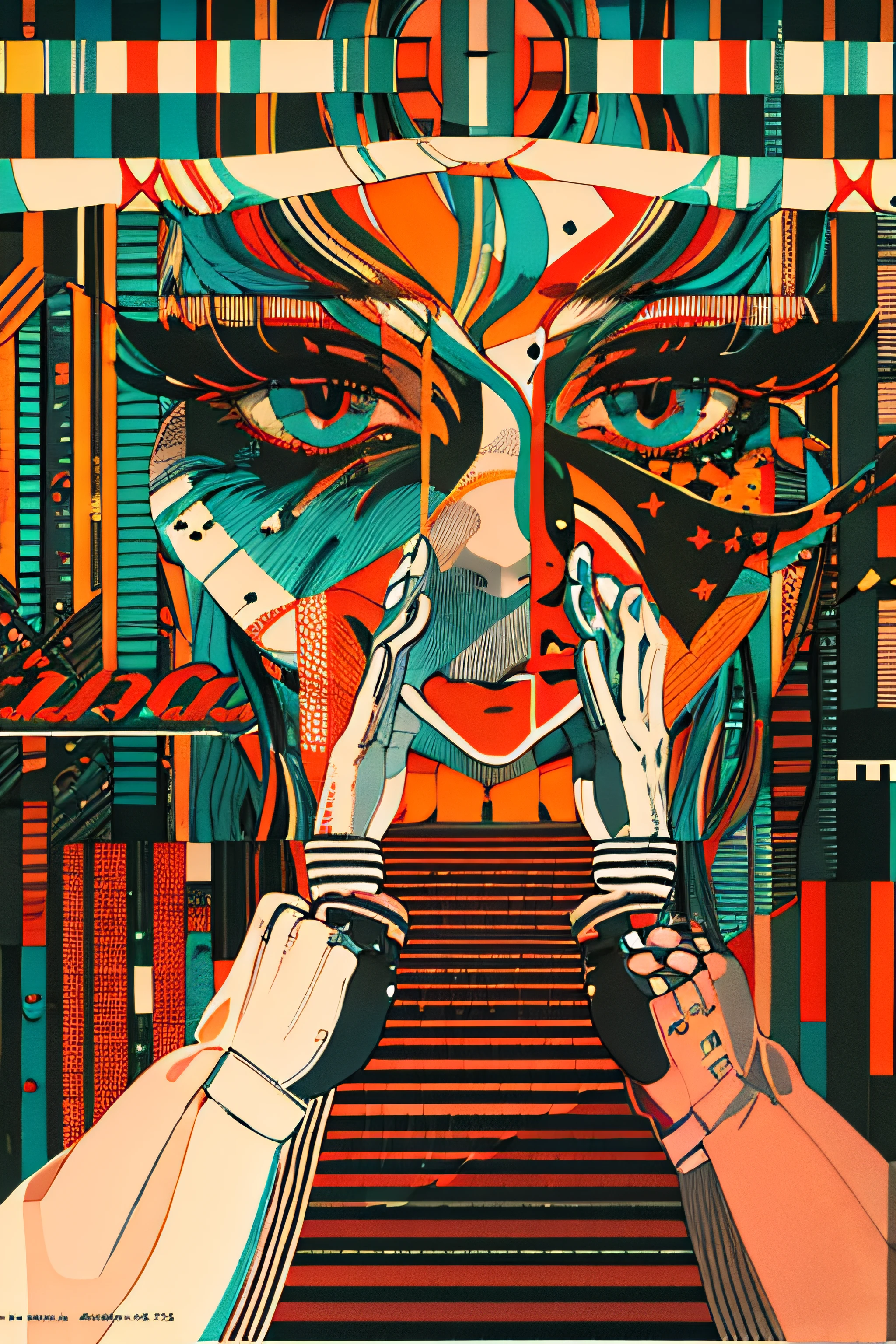 (((dramatic))), (((gritty))), (((intense)))) The movie poster features \(Masterpiece, Best Quality), 8k Wallpaper, highly detailed, poster, vintage, 1960s, shotgun, Big dog, thriller cinematic movie poster, Bauhaus, shapes, lines, abstract, propaganda, mid century modern, movie poster, vintage, . The color palette is dominated by dark colors, dotted with bright colors, giving the poster a dynamic and visual impact, tachi-e (magazine:1.3), (cover-style:1.3), fashionable, vibrant, outfit, posing, front, colorful, dynamic, background, element, confident, expressive, holding, statement, attachment, majestic, coiled, around, touch, scene, cover, bold, eye-catching, fashion, catchy, bigger, eye-catching, modern, trendy, focused, stylish,