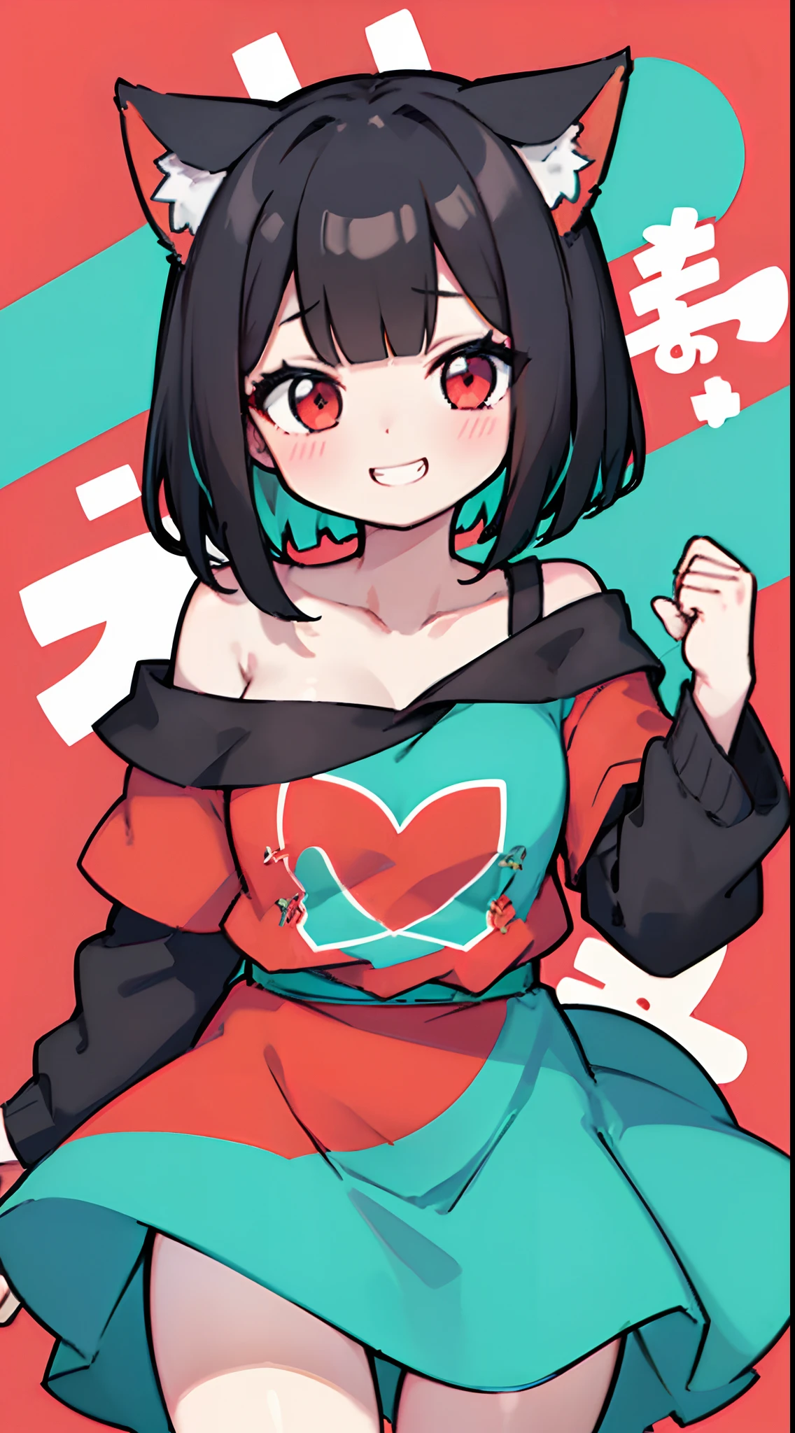 close-up portrait of ((solo 1girl, nekomimi)), ((short black hair in a wavy bob-cut with turquoise highlights)), big grin, big smile, side glance, masterpiece, red eyes, (simple plain background), (one-side off-shoulder shirt), head tilt, vivid colors, extra long sleeves, extremely happy