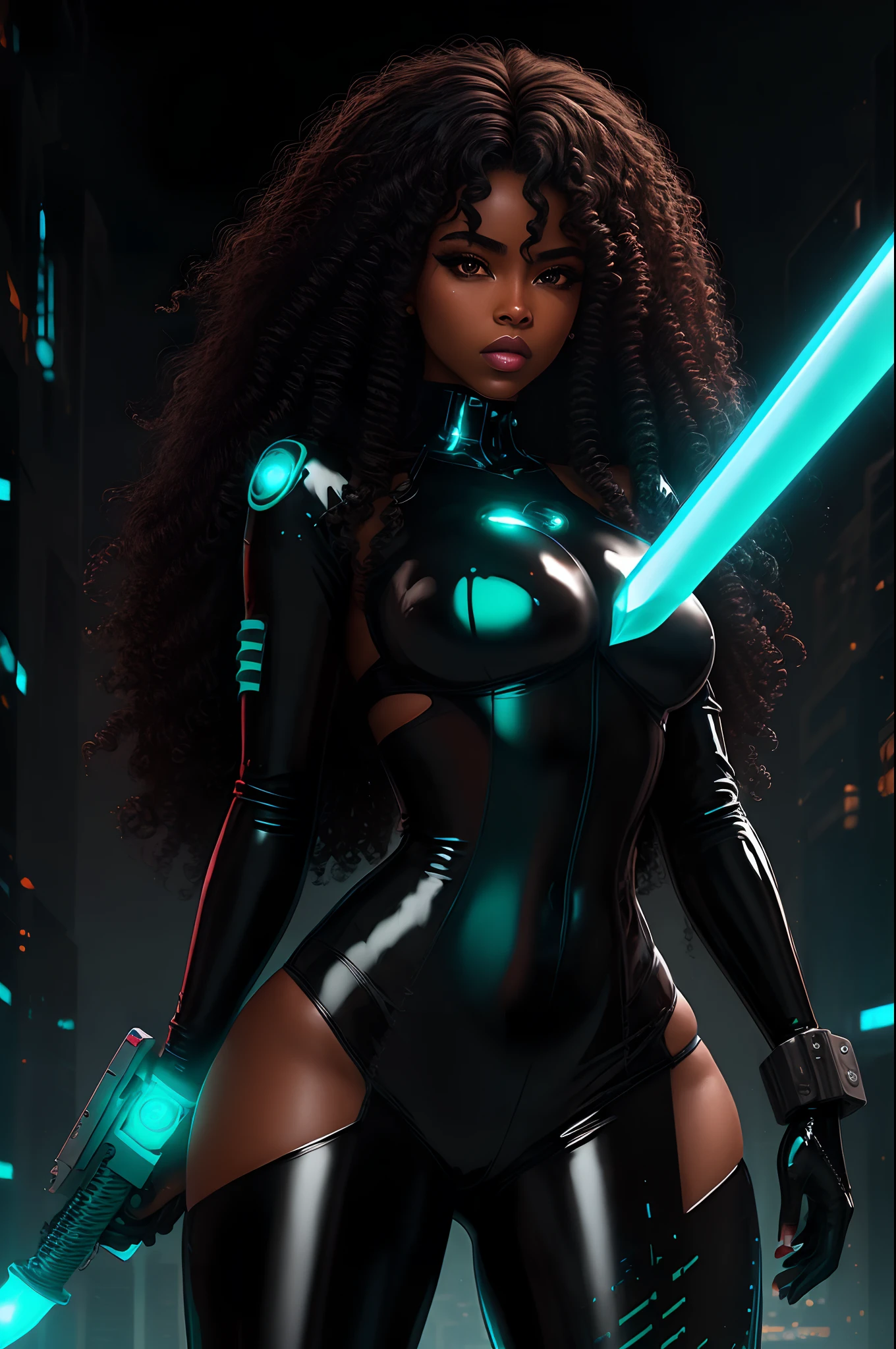 Black woman with curly long hair dressed in latex with a cyber gun and sword with cyan lights in the back
