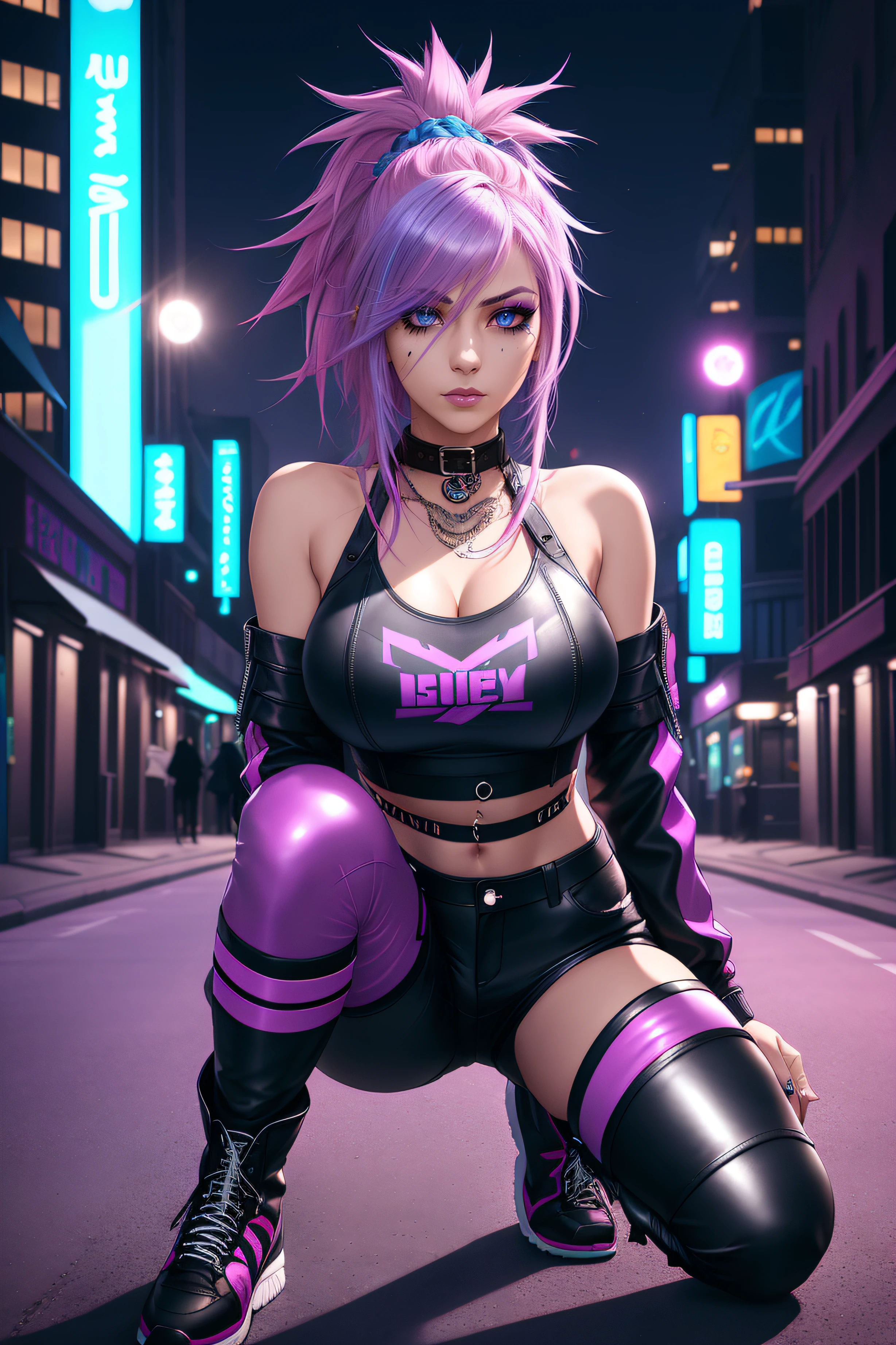 beautiful girl, full body, short bright blue and magenta streaked dishevelled hair, large blue piercing eyes, black eyeshadow, (street style wear:1.2), ((tight fitted pants)), ((knee high leather boots)), (city night background:1.2), dark makeup, digital art, trending on artstation, highly detailed, fine detail, intricate,  beautiful detailed glow, detailed, Cinematic light, high-res, detailed facial features, sharp focus, smooth, aesthetic,